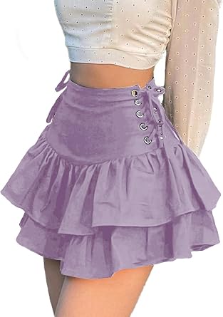 Womens Gothic Skirt Y2k 2000s Girl Mall Goth Punk Skirts High Waist Lace-Up Ruffle Fairy Grunge Mini Skirts