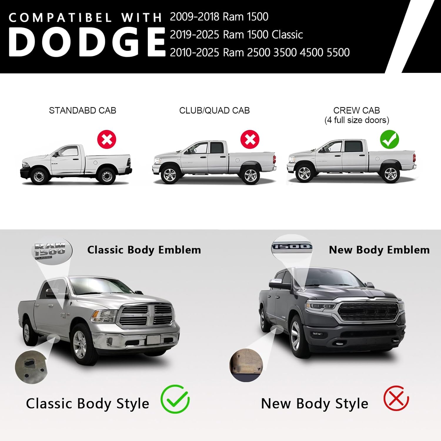 6.5 Inches Crew Cab Running Boards for 2009-2018 Dodge Ram 1500, 2019-2025 RAM 1500 Classic Body(New Body Style Not Included) 2010-2025 Ram 2500 3500 Chrome Stainless Steel Side Step Nerf Bars