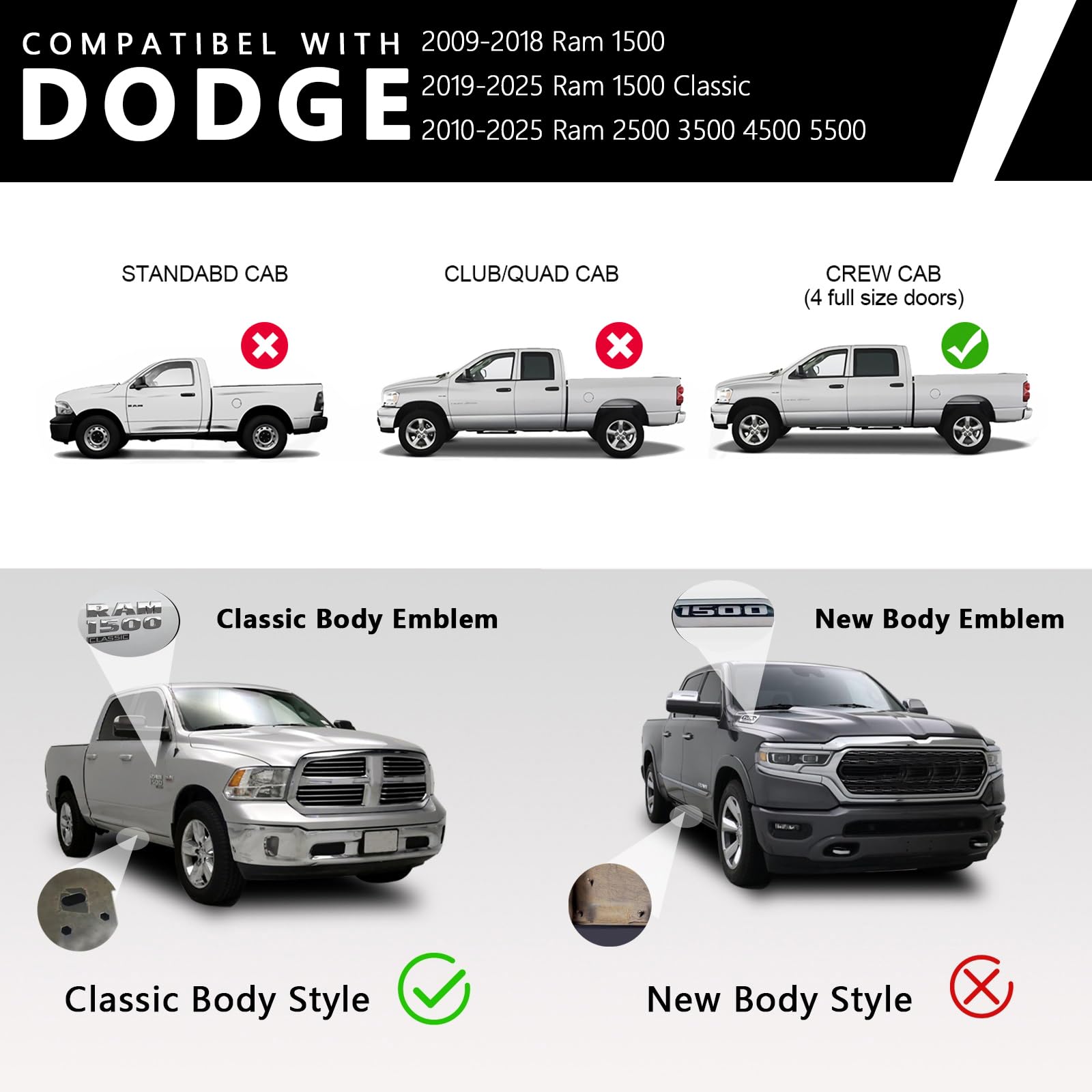 6 Inches Crew Cab Running Boards for 2009-2018 Dodge ram 1500, 2019-2025 Ram 1500 Classic Body Style(NOT for New Body), 2010-2025 Ram 2500 3500 Black Aluminum Alloy Side Step Nerf Bars Side Bars