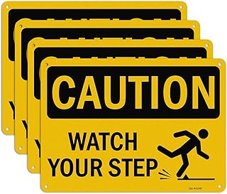 T&R Caution Watch Your Step Signs - 4 Pack - 10 x 7 Inches Rust Free .040 Aluminum -Reflective, UV Protected, Waterproof, Weatherproof and Fade Resistant - 4 Pre-drilled Holes