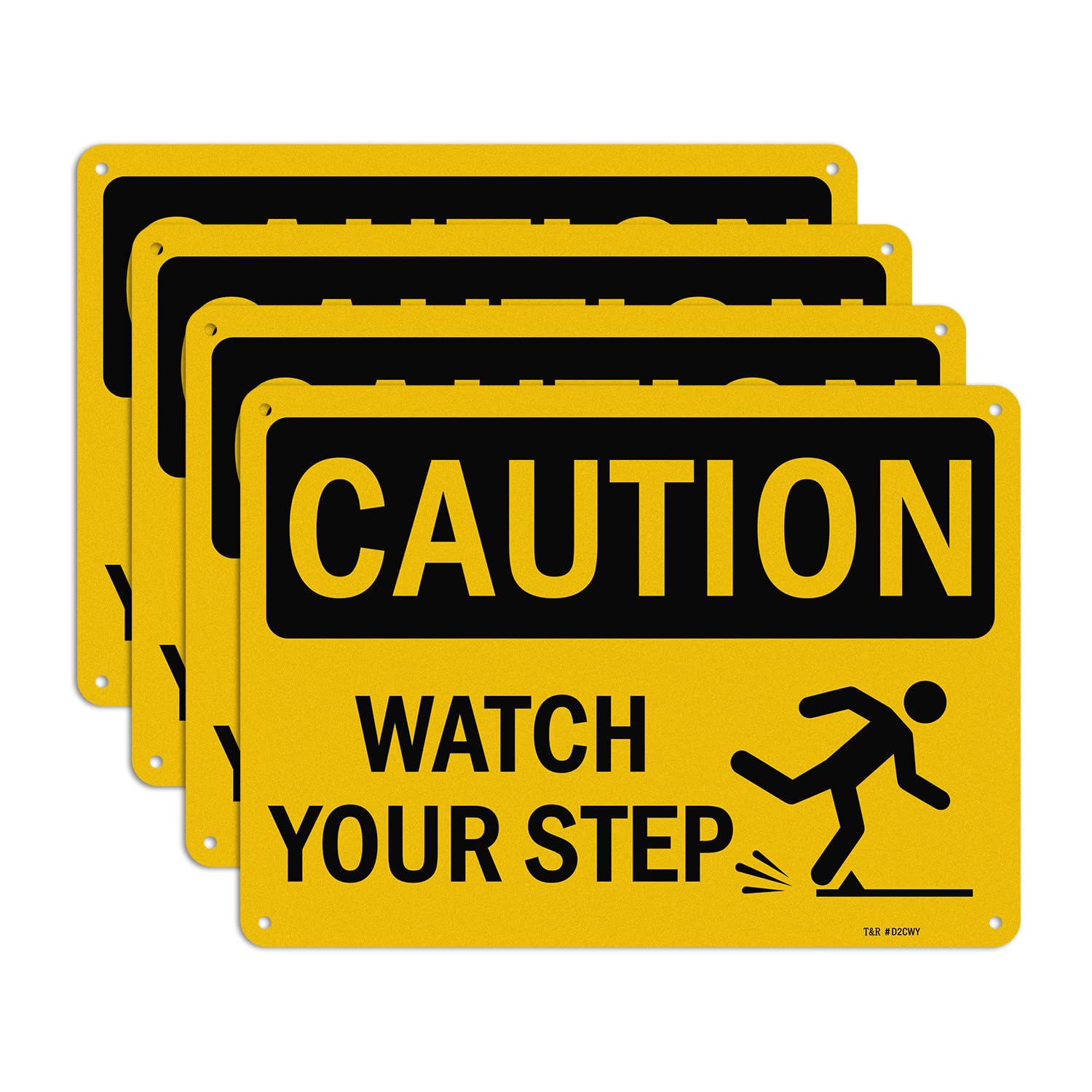 T&R Caution Watch Your Step Signs - 2 Pack - 10 x 7 Inches Rust Free .040 Aluminum -Reflective, UV Protected, Waterproof, Weatherproof and Fade Resistant - 4 Pre-drilled Holes