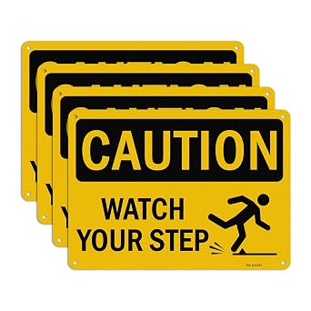 T&R Caution Watch Your Step Signs - 4 Pack - 10 x 7 Inches Rust Free .040 Aluminum -Reflective, UV Protected, Waterproof, Weatherproof and Fade Resistant - 4 Pre-drilled Holes