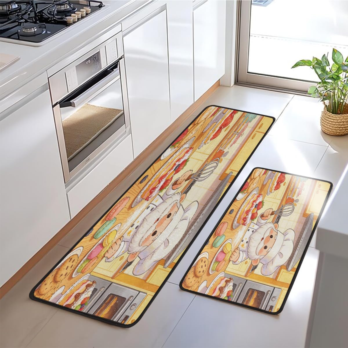 Anti Fatigue Cartoon Gnome Pastry Chef Kitchen Mats for Floor 2 Piece Set, Waterproof Non Slip Boho Kitchen Floor Rugs, Comfort Standing Mat for Sink Laundry & Home Kitchen 17"x47"+17"x29"