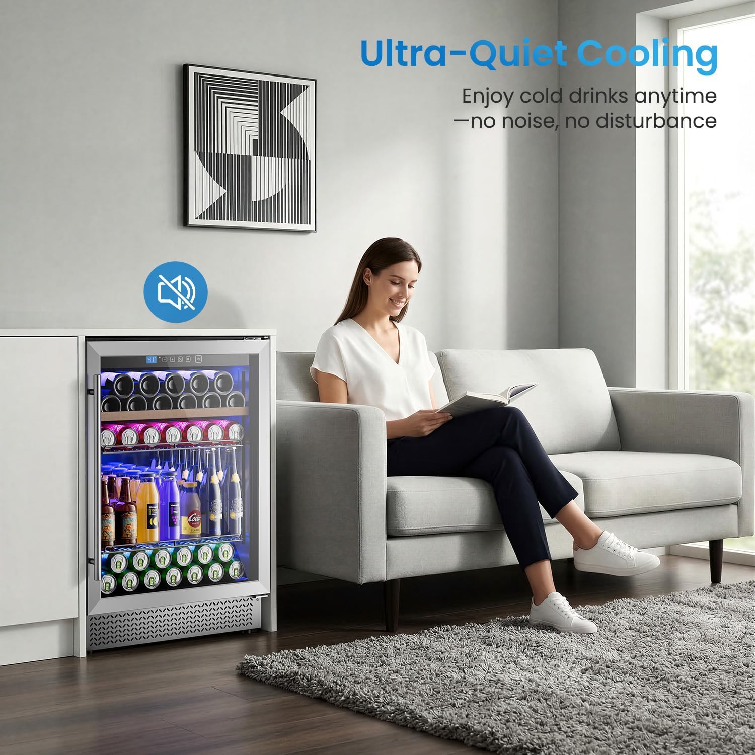 24 Inch Beverage Refrigerator, Wine and Beverage Refrigerator with Glass Door, 37-64°F Cooling Under Counter Refrigerator, Wine Fridge 15 Bottles & 118 Cans Capacity for Home Bar Kitchen