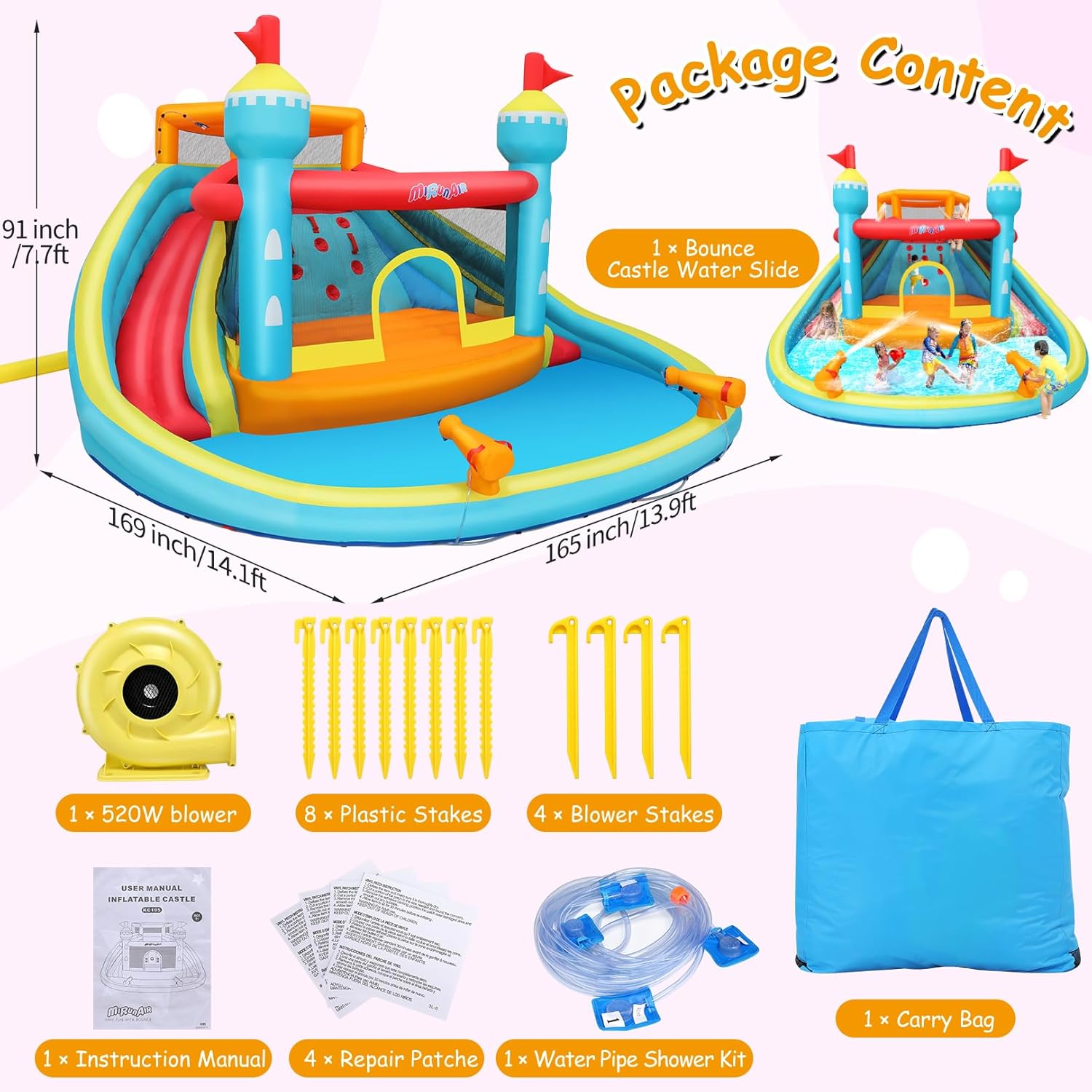 WHUBEFY Bounce House, Double Water Slide Bounce House with Blower for Big Kids 3-12, Inflatable Bounce Castle Outdoor/Indoor Water Slide for Backyard Party with Climbing Wall&Two Slides&Splash Pool