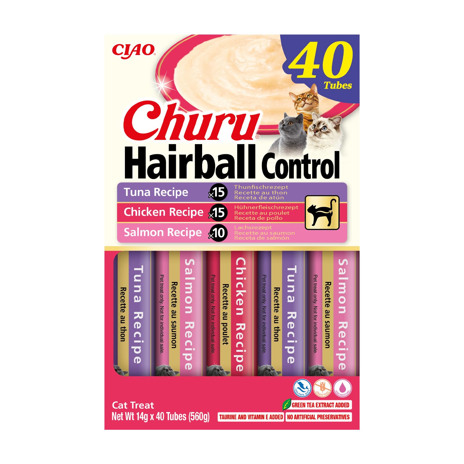 INABA Churu Hairball Control, Friandises Crémeuses pour Chats, Anti‑Boules de Poils, aux Thon, Poulet et Saumon, Purée avec Fibres Ajoutées, Riche en Omega 3 & 6, Haute Humidité, 40 Sticks x 14g