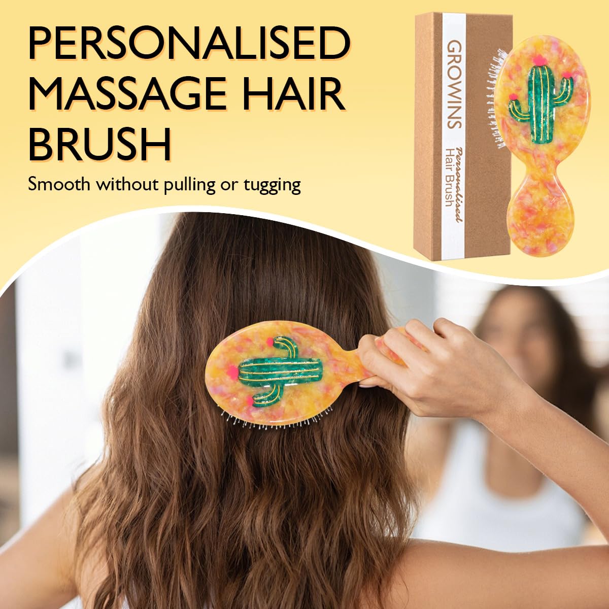 Cactus Hair Brush for Women, Personalized Desert Design Massage Comb, Double-Layer Soft Bristles for Curly Hair, Portable 6.3-Inch Acetate Handle, Gift for Her