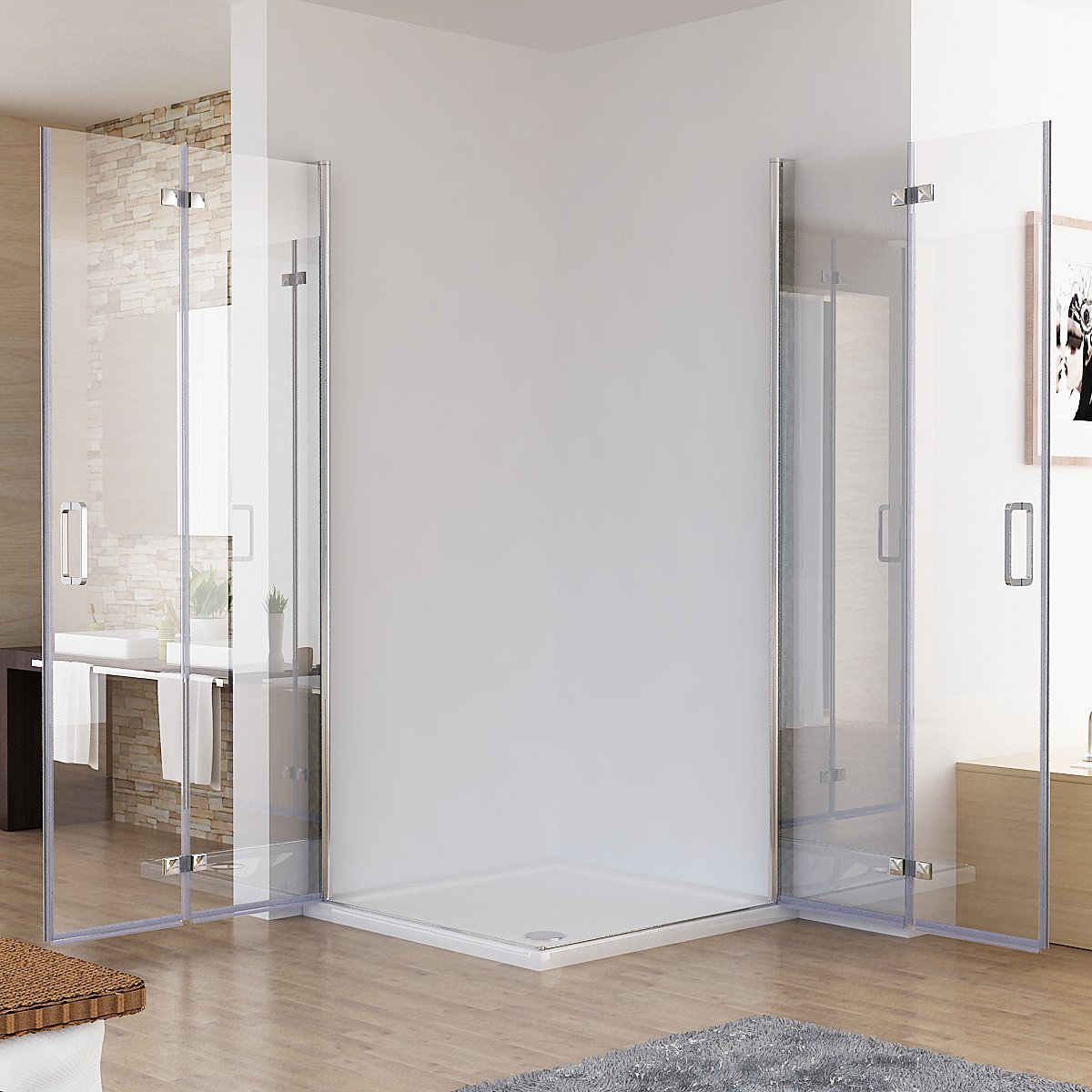 Duschkabine Eckeinstieg Dusche Falttür 180º Duschwand Duschabtrennung NANO Glas (90x90x197cm / ohne Duschtasse)