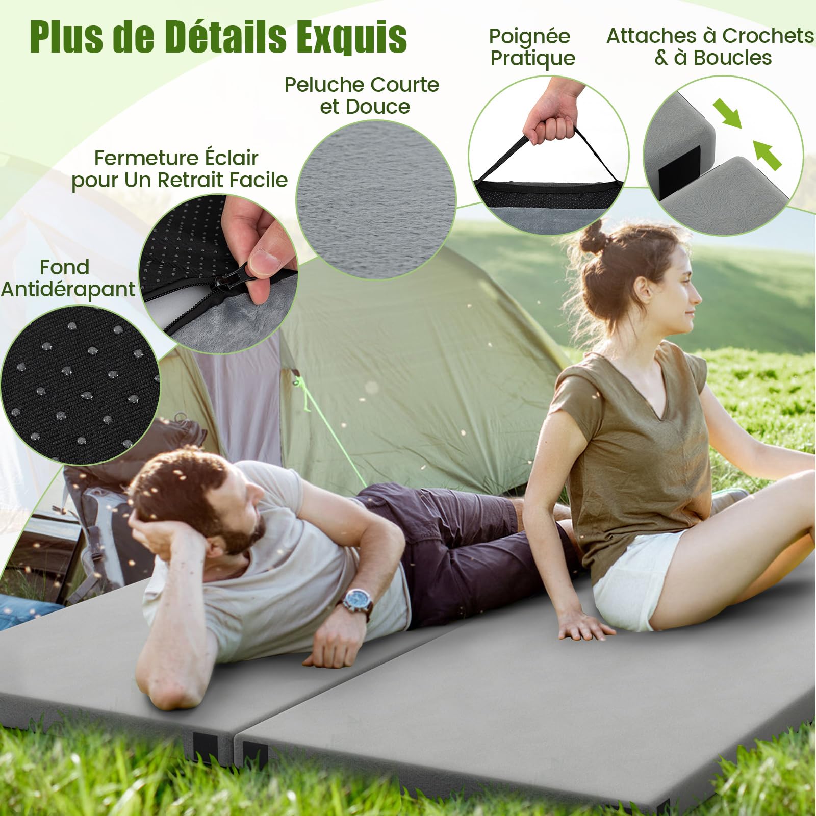GYMAX Matelas Camping 1/2 Personnes Pliable, Longueur 188cm, Mousse à Mémoire de Forme, Housse Imperméable, Fond Antidérapant, Sangle pour Enroulement, Sac de Transport, pour Voyage, Randonnée