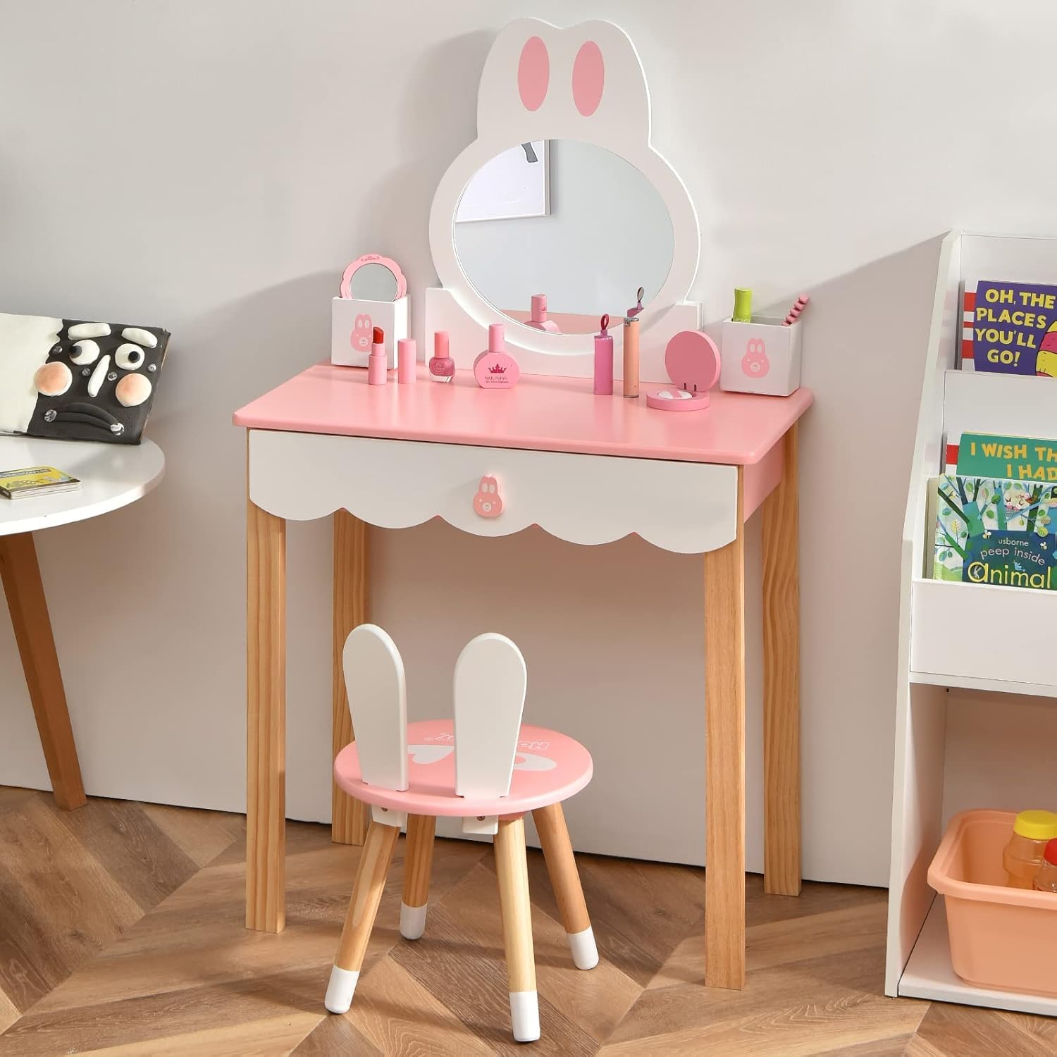 FANTASK Tocador Infantil con Taburete, tocador de Princesa en Rosa y Blanco, tocador con cajones de Espejo y Caja de Almacenamiento para niñas
