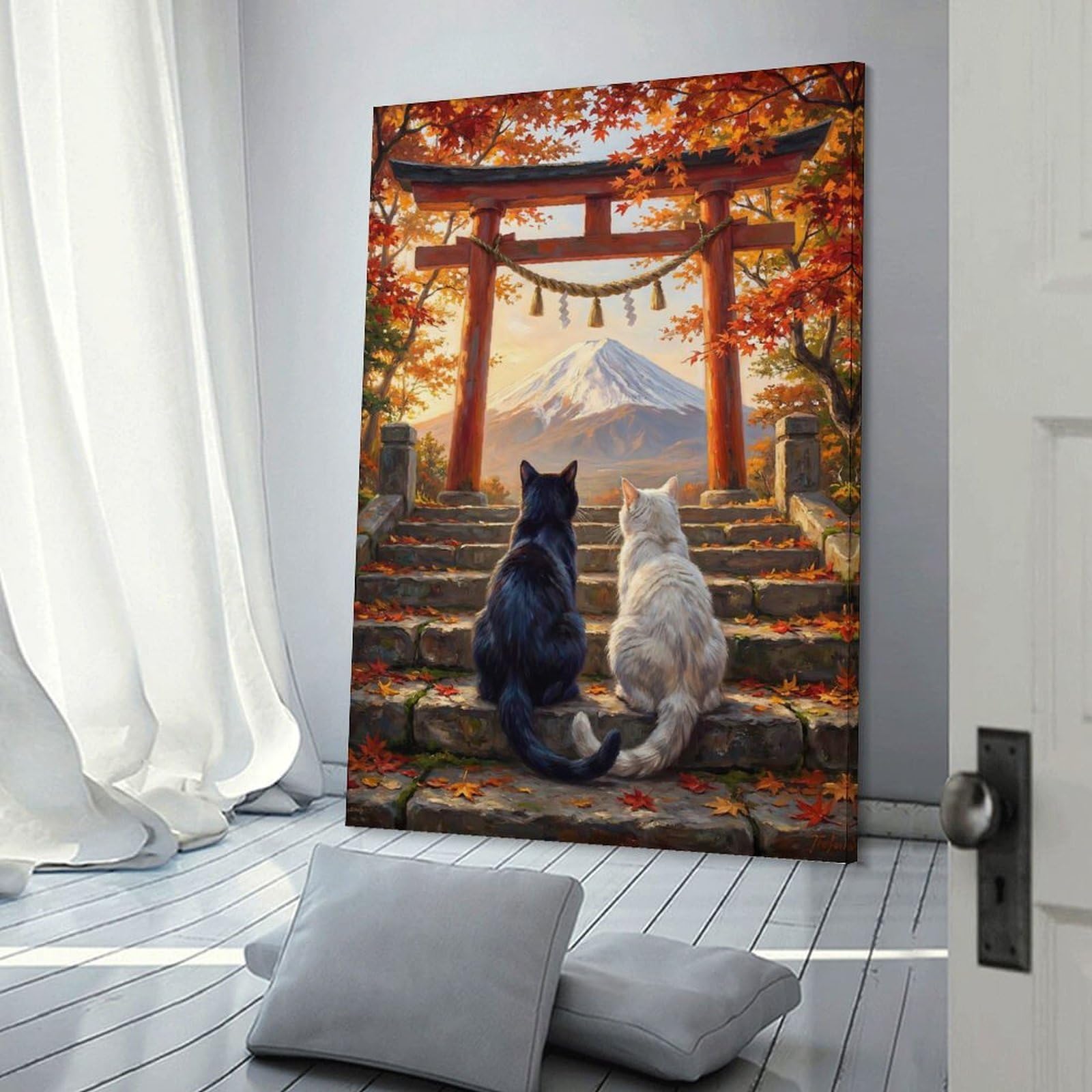 Junmoney Cat Love Mount Fuji Torii Gate Autumn Room Decor Wall Art 20x30inch(50x75cm), for Bedroom Decor, Cosy Corners Or Studios, A Warm Accent for Relaxed Interiors