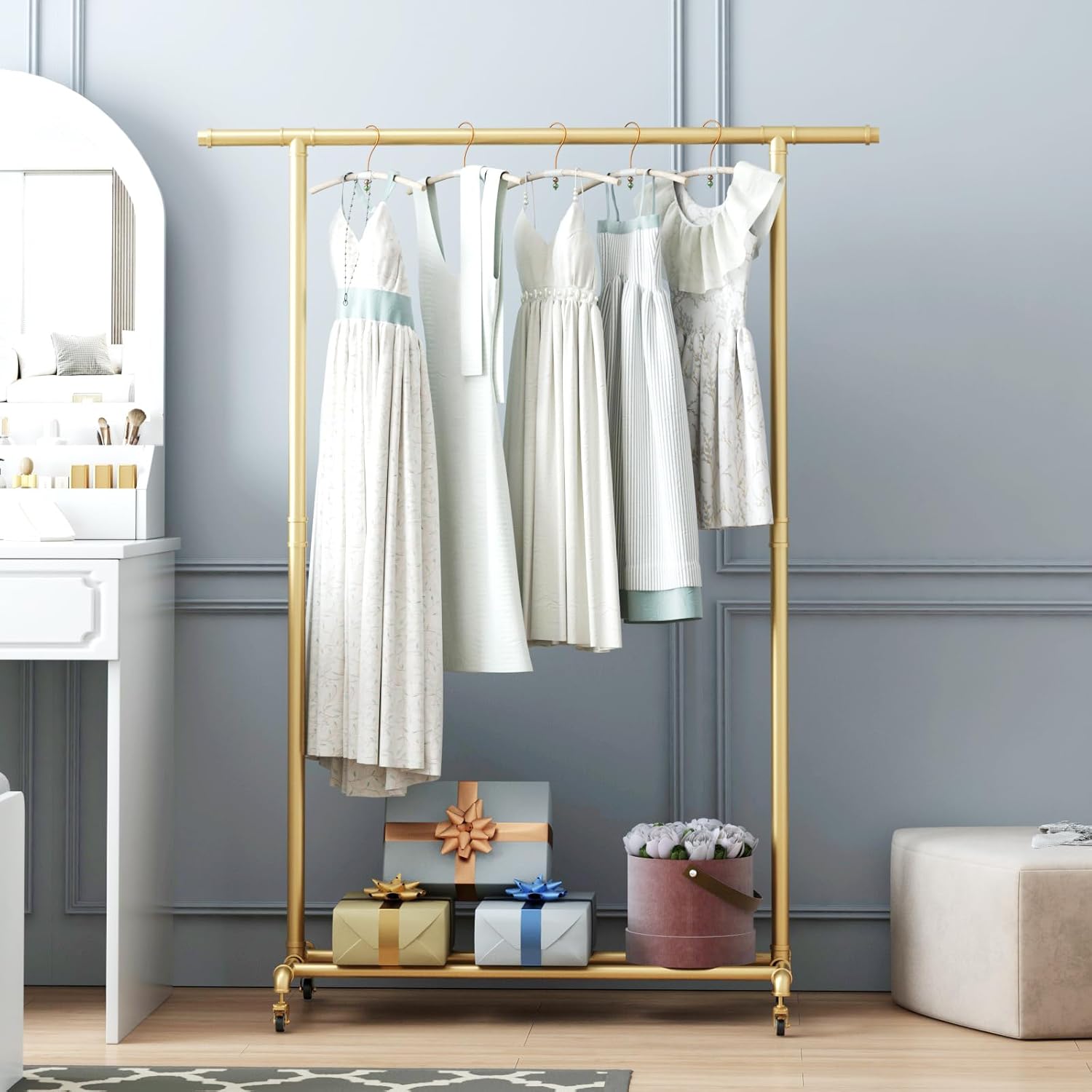 Industrial Pipe Clothing Rack, Heavy Duty Metal Clothes Rack With Wheels, Rolling Garment Rack with Bottom Shelf for Home Boutique Use (Gold)