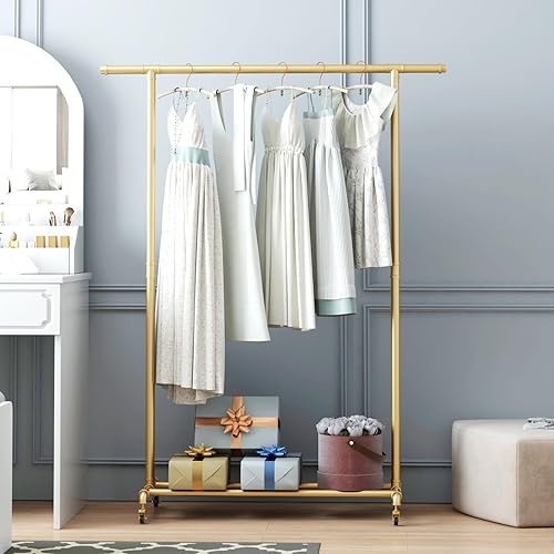 Miniatura 2 de FONECHIN Perchero industrial de tubería, perchero de metal resistente con ruedas, estante de ropa rodante con estante inferior para uso en boutique