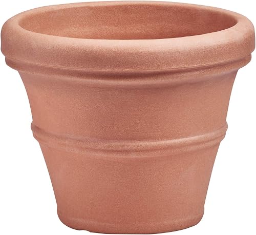 Crescent Garden Brunello Small Classic Rolled Rim Planter, Indoor/Outdoor Plastic Round Pot - Traditional Planter for Herbs, Plants, Houseplant -14''W (Terracotta-Color)