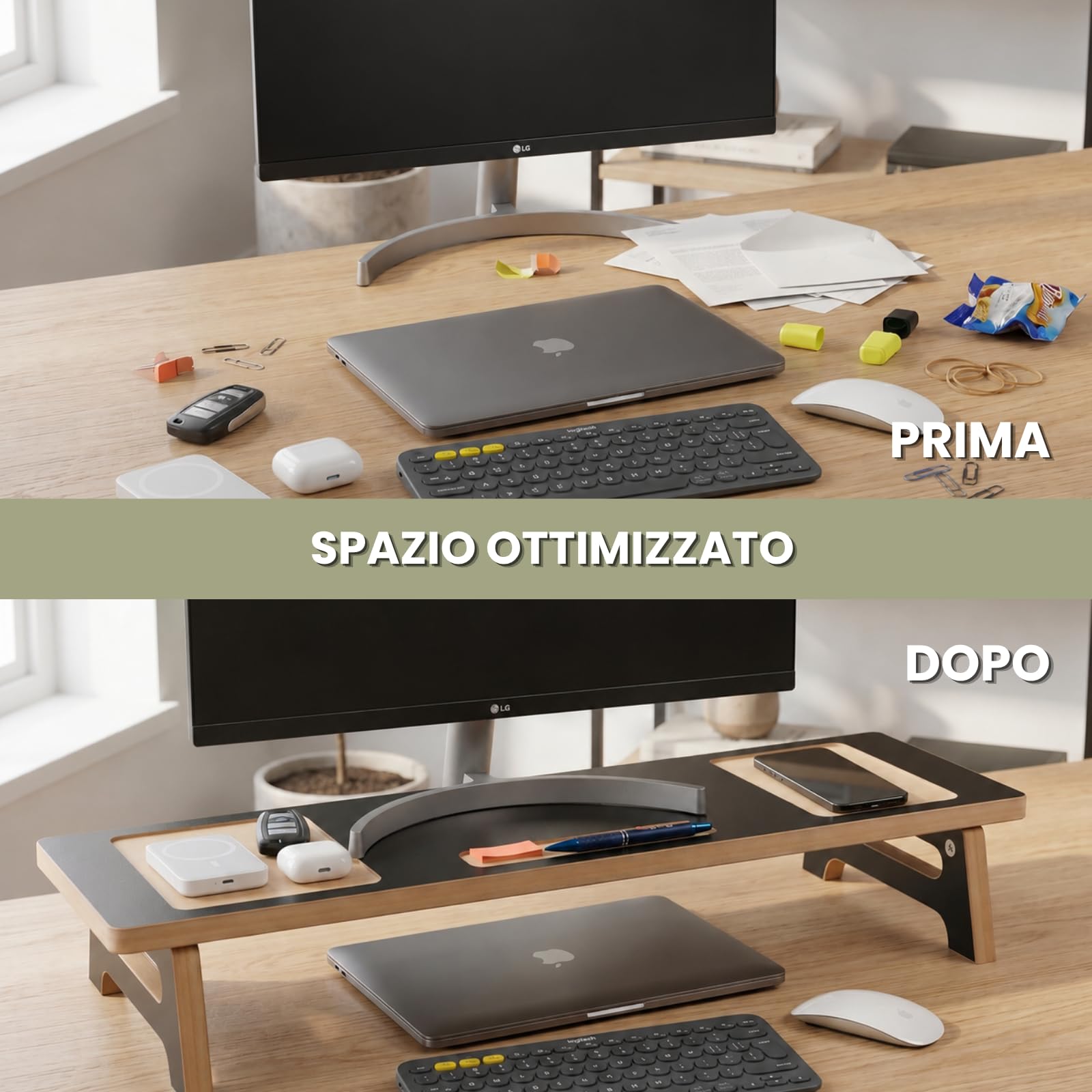 MeansWood Bridge Supporto Professionale Ergonomico Monitor Nero Lucido in MDF Secondo Schermo, Laptop, TV MADE IN ITALY