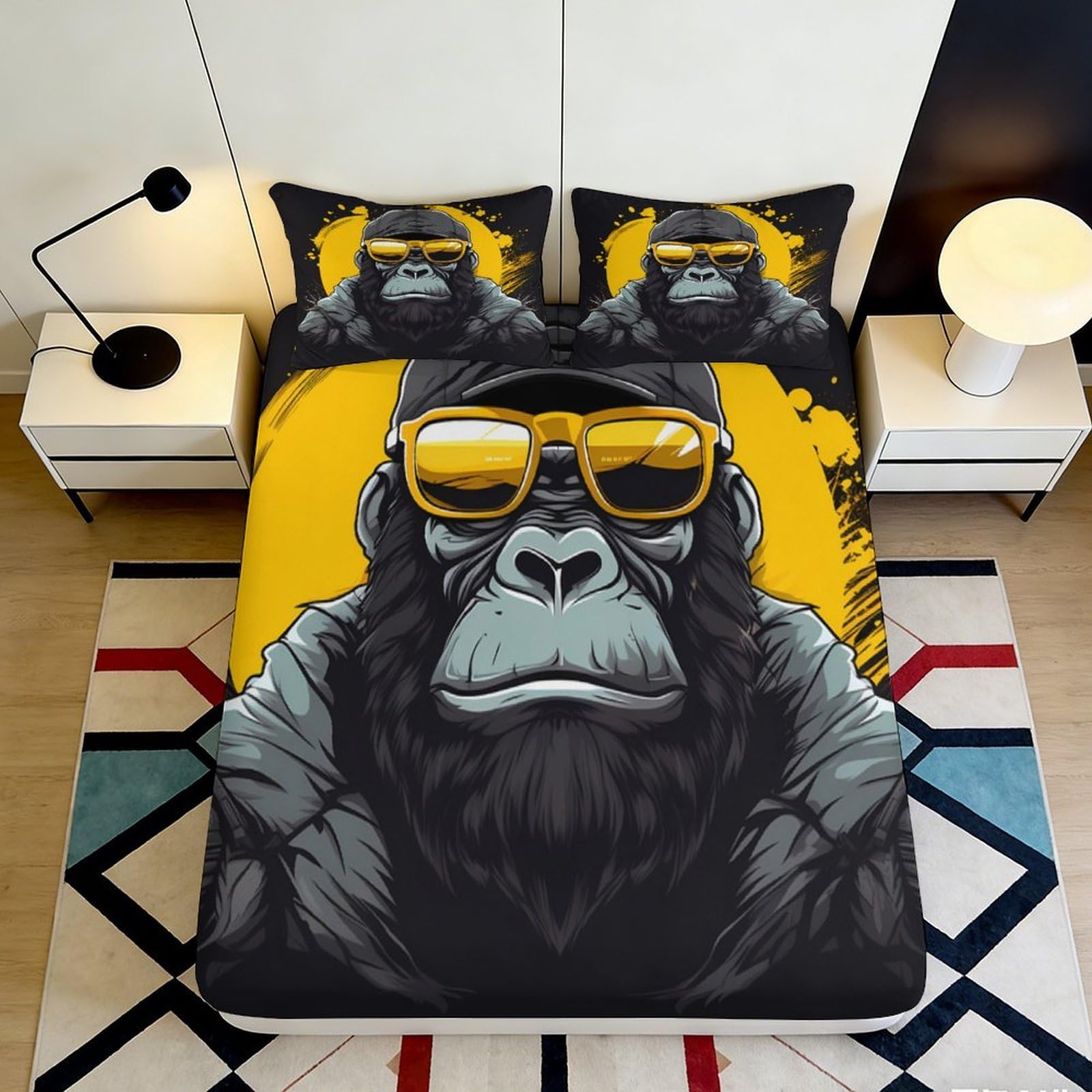 3D Printed Cool Monkey Fitted Sheet Microfiber Deep Pocket Bedroom Bedding Cool Monkey Mattress Fitted Cover Elastic Non-Slip Washable 200x200x25cm