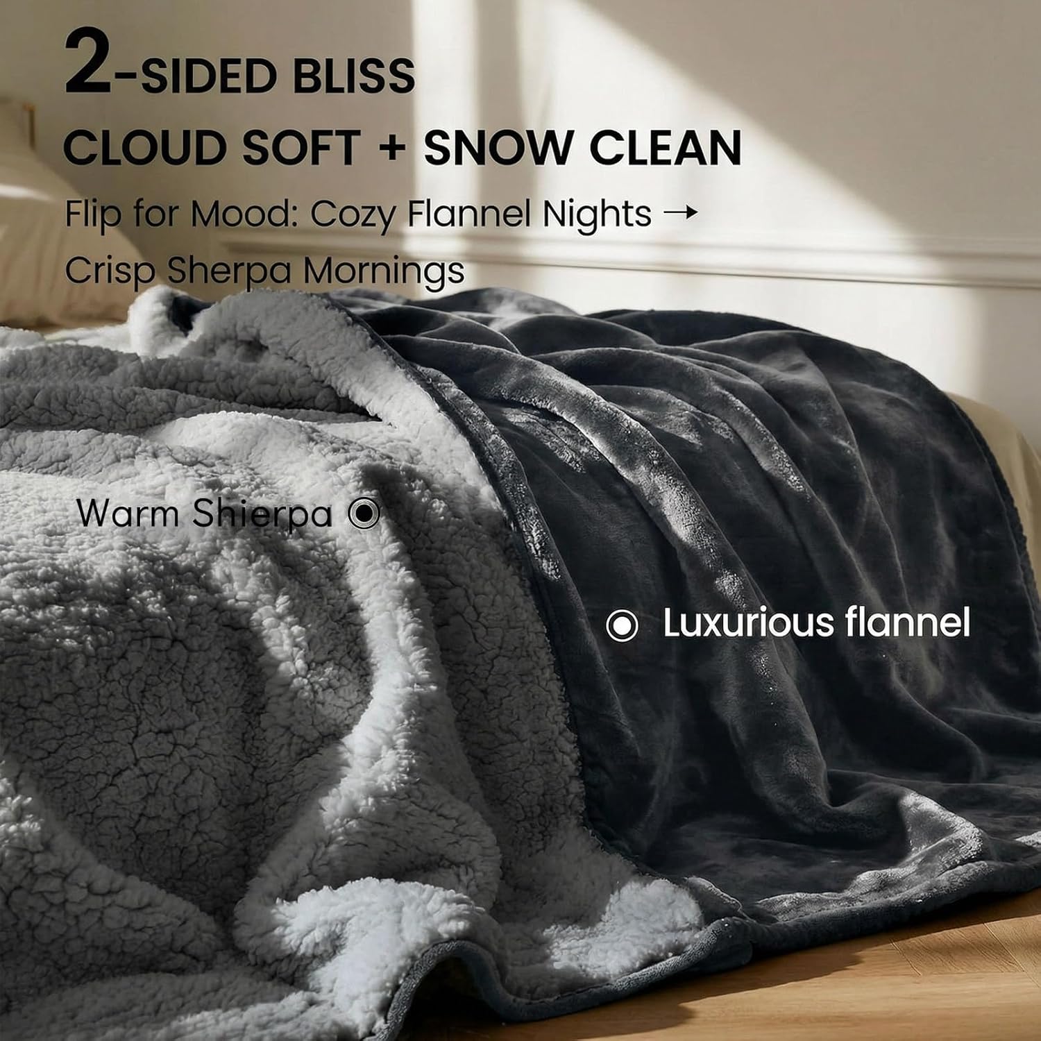 King Size Waterproof Blanket for Bed Couch, Gray 82'' x 82'' Double Side Leakproof Reversible Sherpa Flannel Fleece 3-Layer Lightweight Blanket, Absorbs 80oz, Machine Washable