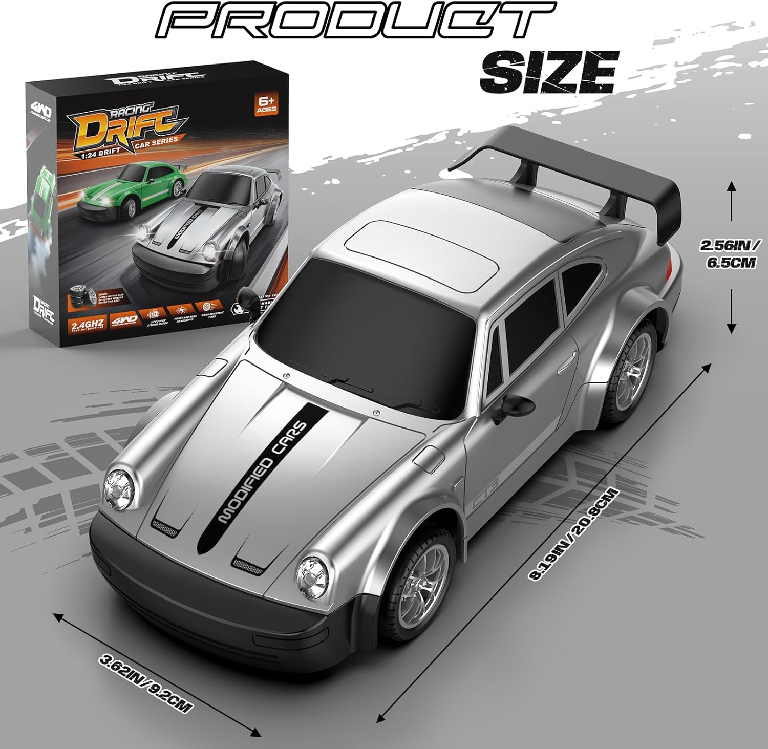 RC Drift Car 1:24 Scale, 4WD Remote Control Car with LED Lights 20KM/H High Speed, Dual-Mode Racing & Drifting Toy Car with 2 Batteries, Gift for Kids & Adults, Silver