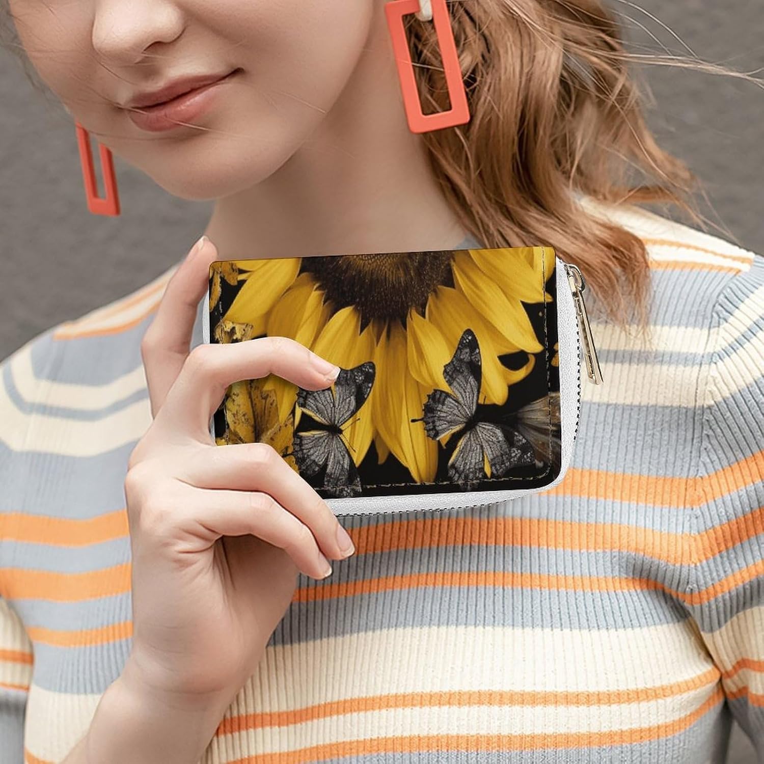 Butterfly And Sunflower Card Holder RFID Blocking,Credit Card Wallet for Women And Men,Card Case Organizer Bag with Zipper