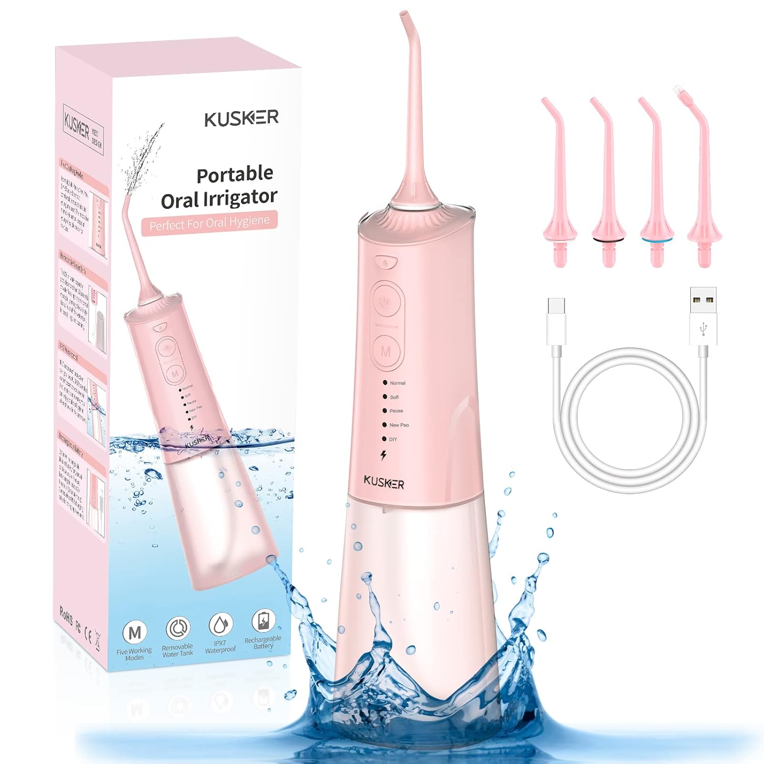 Cordless Water Dental Flosser for Teeth - KUSKER Portable Oral Irrigator with 5 New Mode, 4 Replaceable Jet Tips - Rechargeable IPX7 Waterproof Oral Irrigator for Home&Travel(Pink)