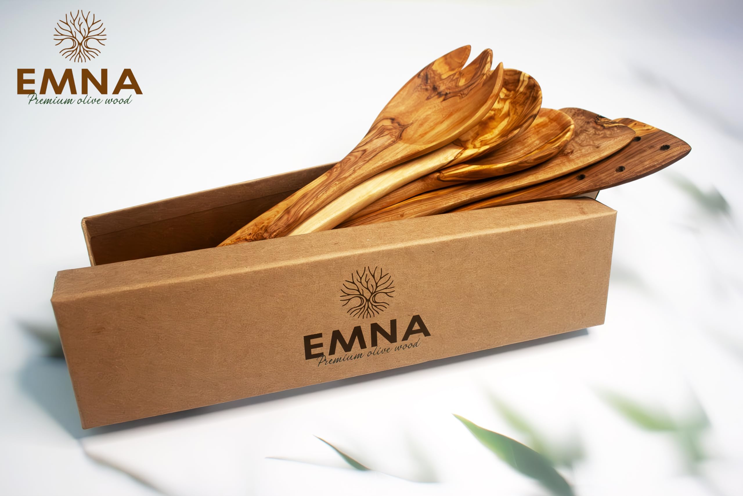EMNA - 5-teiliges Olivenholz Küchenset | Das perfekte Geschenk für anspruchsvolle Feinschmecker | Geschenkset | Hauch von Eleganz für den kulinarischen Genießer | Handgefertigt | besondere Kochmomente