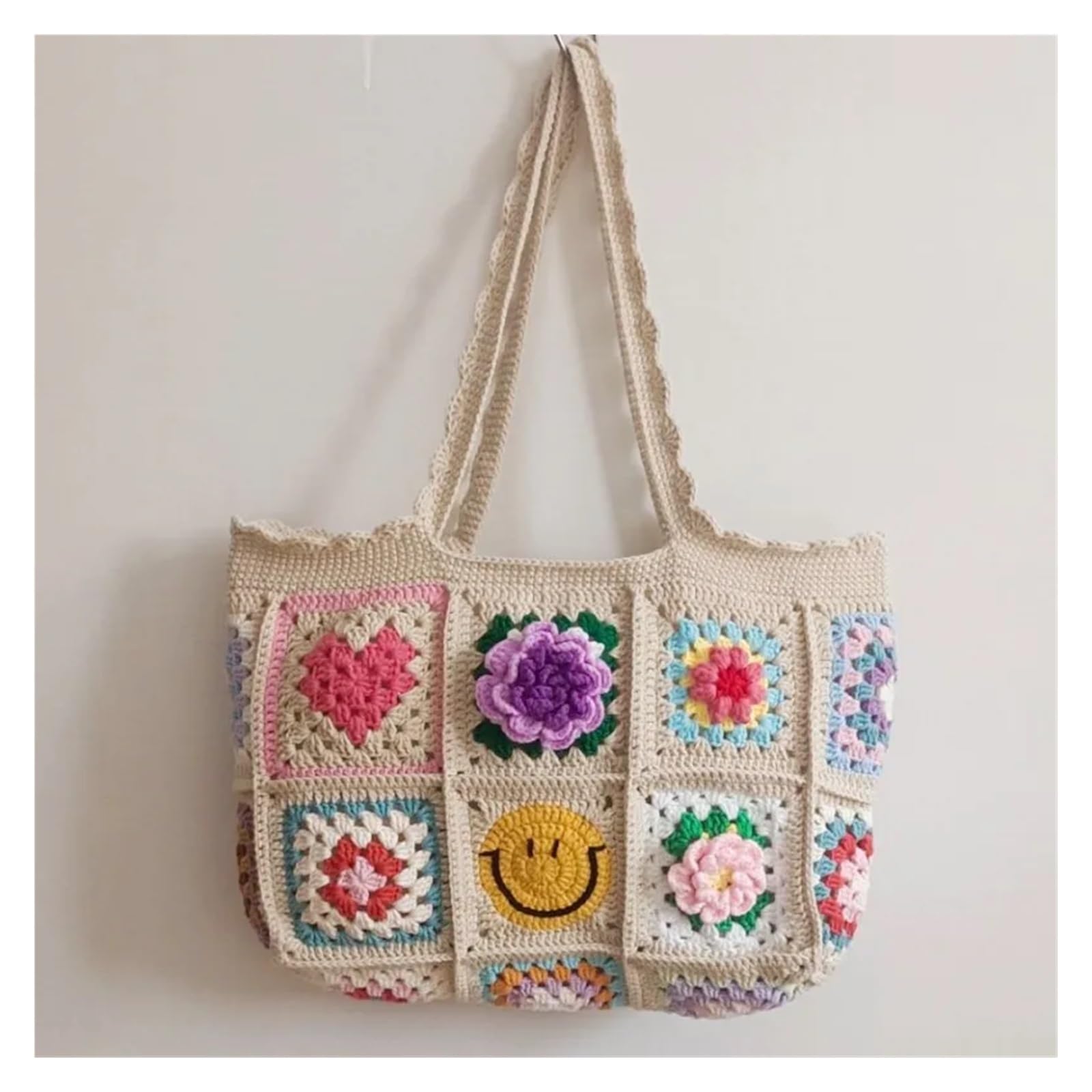 Bolso De Flores Tejido A Crochet Bolso de hombro grande con diseño de fresa y cereza de crochet, estilo vintage, hecho a mano, estilo granny square