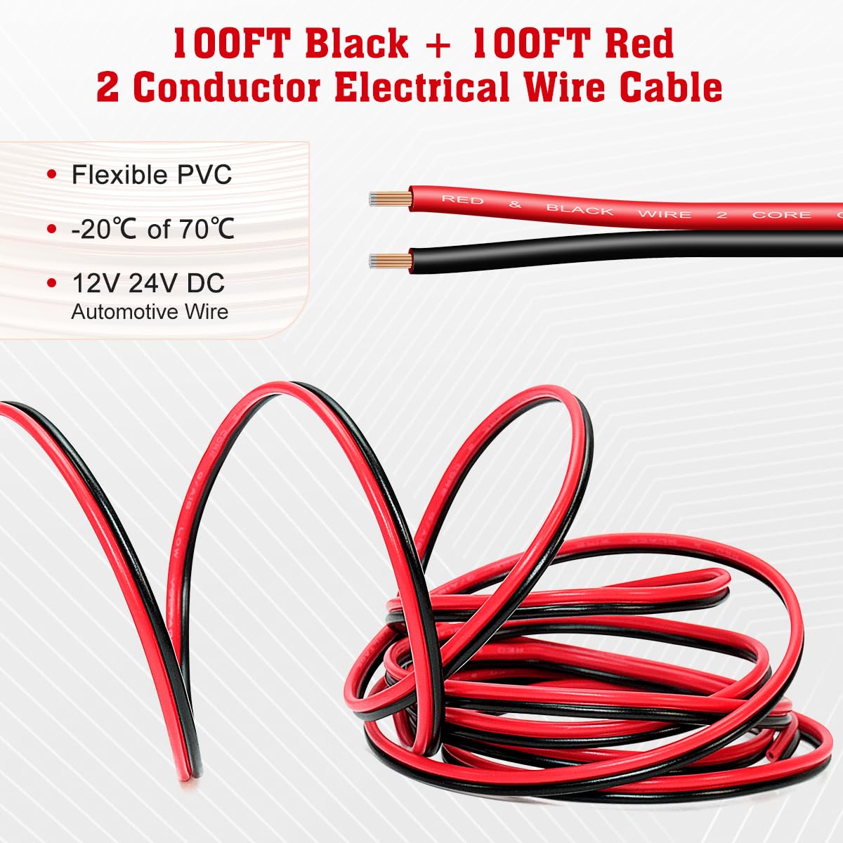18 Gauge Wire, Electrical Wire Red Black 2 Conductors Cable, 100FT 2 Pin Flexible Low Voltage PVC Extension Cable Cord for Doorbell Wire LED Strips LED Lamp Tape Lighting, RC RV Car Wiring 12V/24V DC