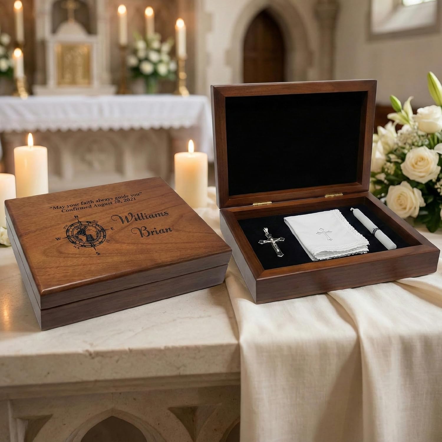 Engraved Confirmation Wooden Box, Compasses with Scripture for First Communion Keepsake Box, Baptism Gift for Godchild, Bible Verse Gift