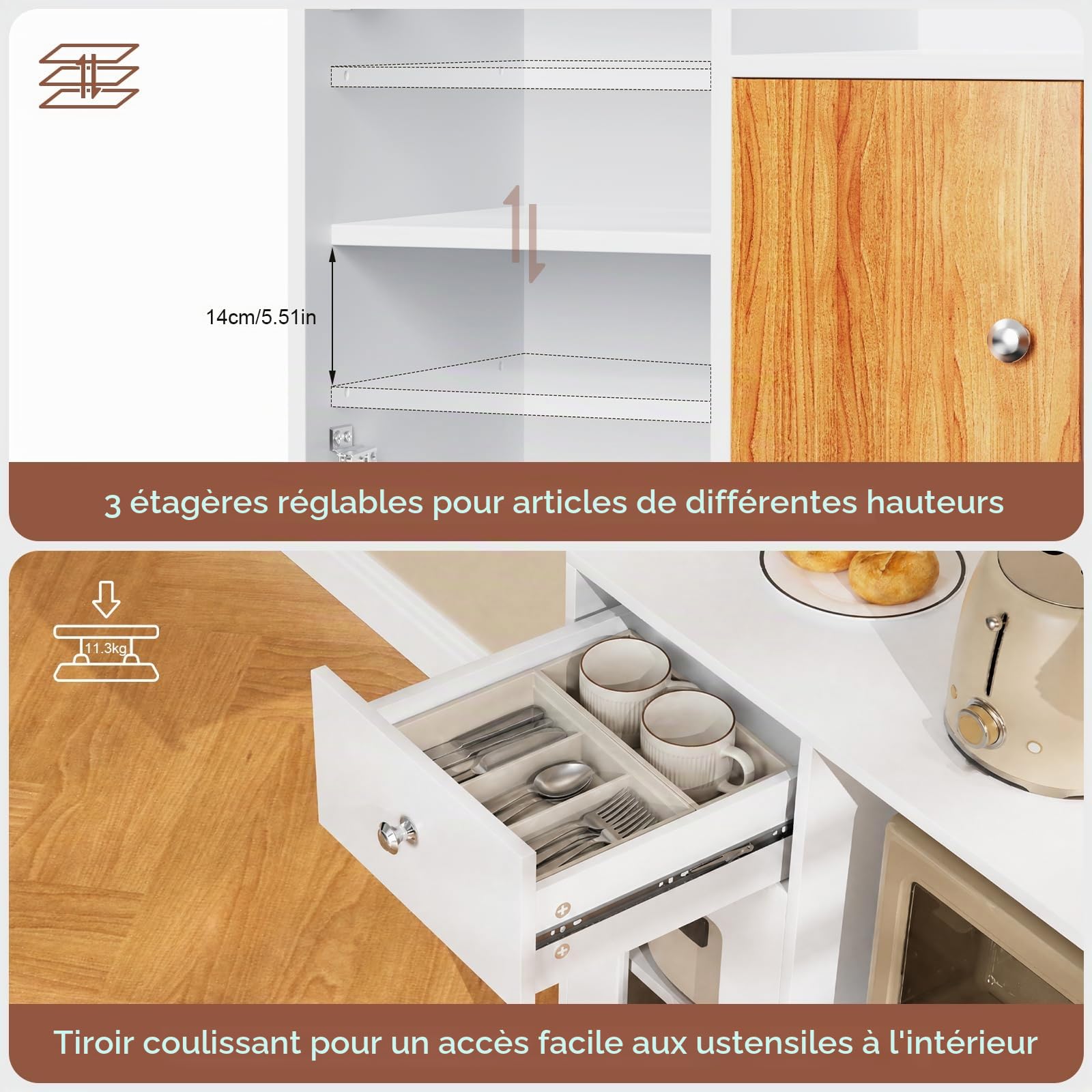 PIPIPOXER Buffet de Cuisine avec Étagère à Micro-Ondes, Portes et 1 Tiroir, avec 3 Portes, Meuble de Rangement, Étagères Réglables, Armoire de Rangement pour Salon,Cuisine,Salle à Manger, 80x40x83cm