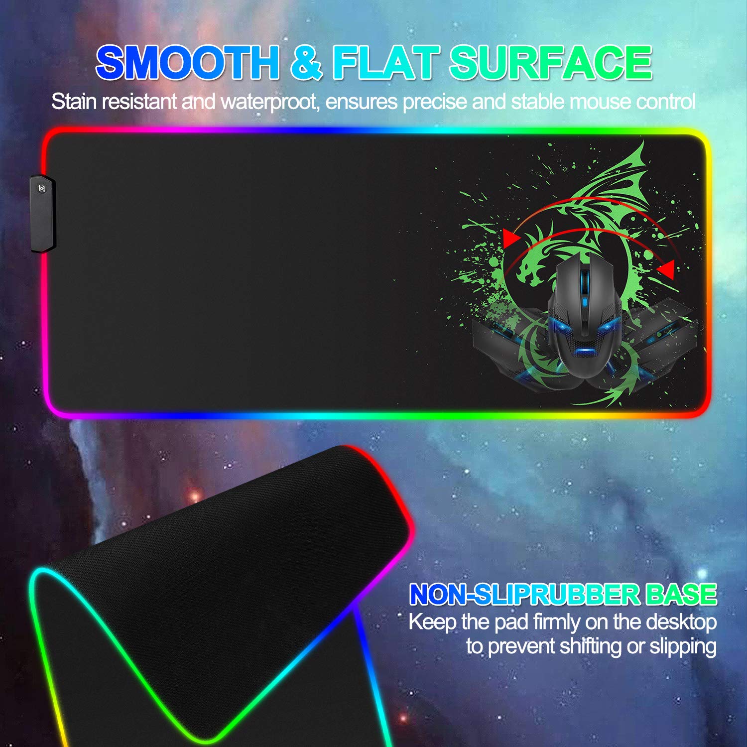 Tappetino per mouse da gioco RGB,grande tappetino per mouse a led incandescente con 15 modalità di illuminazione e USB,superficie liscia, impermeabile, per giochi,MacBook,PC,laptop,scrivania(verde