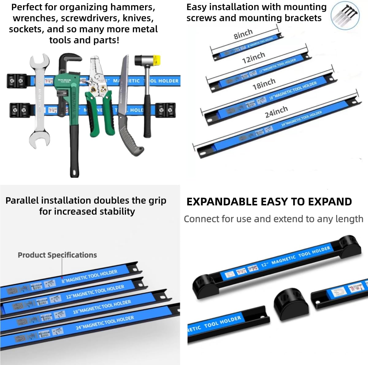 4PCS 24'' Magnetic Tool Holder,Heavy-Duty Metal Magnet Strip Tool Organizers Rack for Screwdrivers,Pliers, Wrenches, Knives for Garage, Workshop Organization (24 inch)