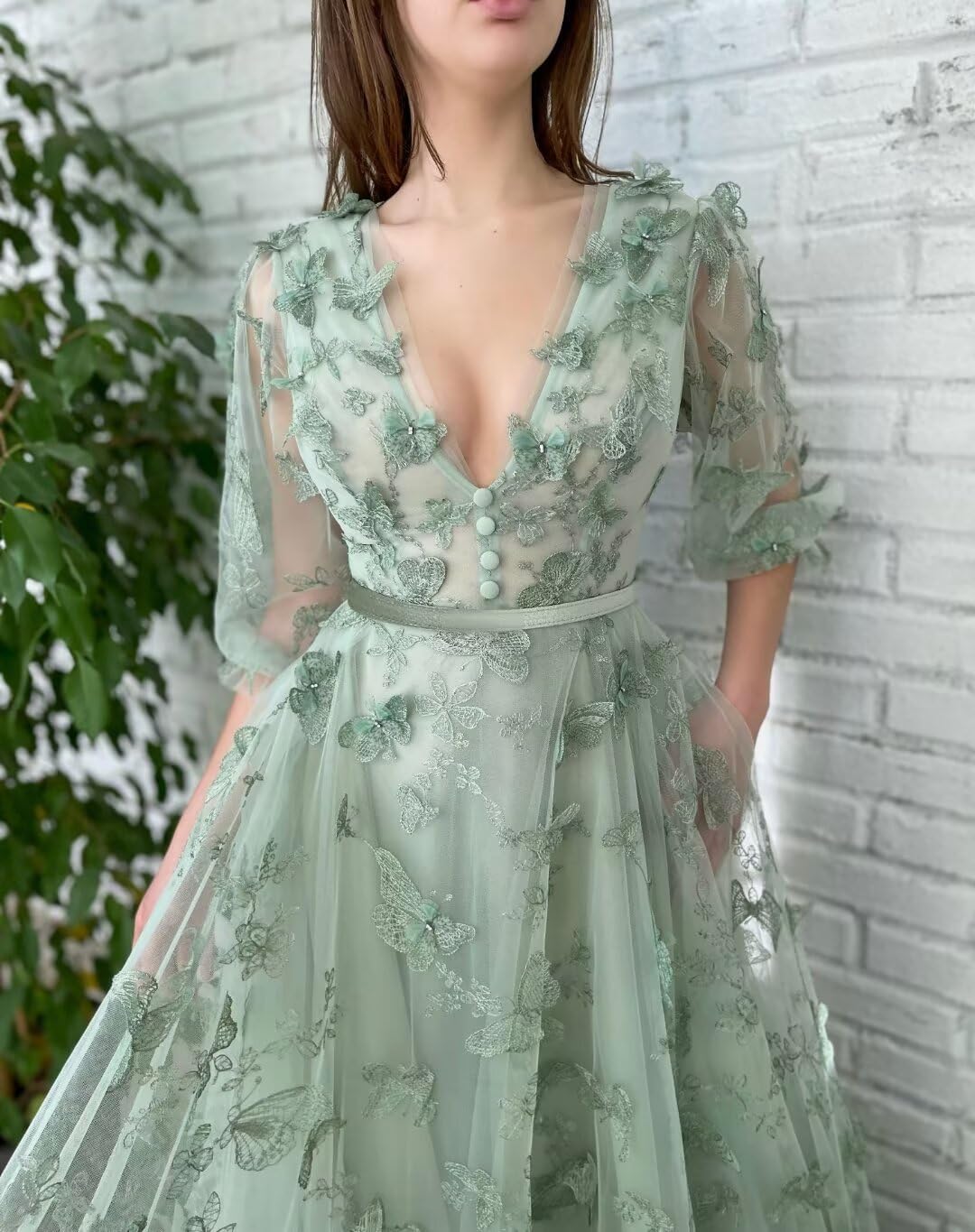 Women's Puffy Sleeve Prom Dresses 3D Butterfly Long V Neck Tulle Ball Gown Formal Evening Party Gown
