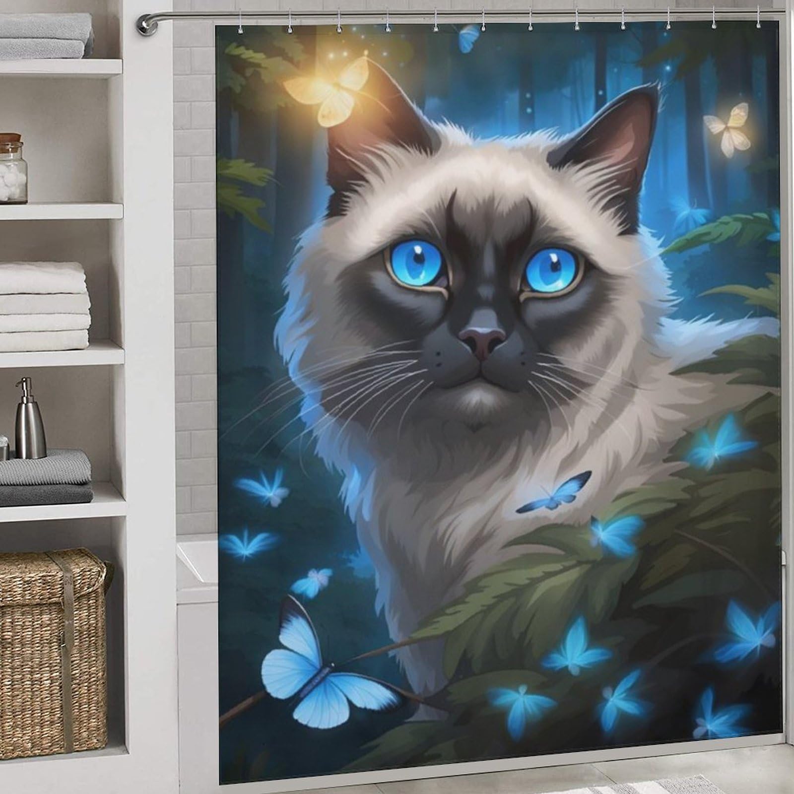 Rideau de douche chat imperméable en polyester 183x183 cm avec 12 anneaux inclus