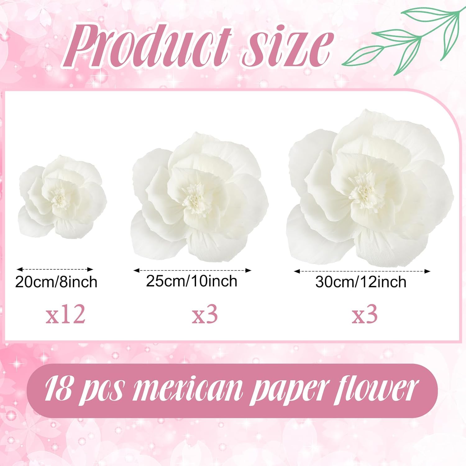 TaoBary 18 Pieces Mexican Paper Flowers Fiesta Crepe Paper Flowers Carnival Tissue Flowers Mexican Party Decorations for Wedding Birthday Cinco De Mayo Party 12,10,8 Inch(White Color)