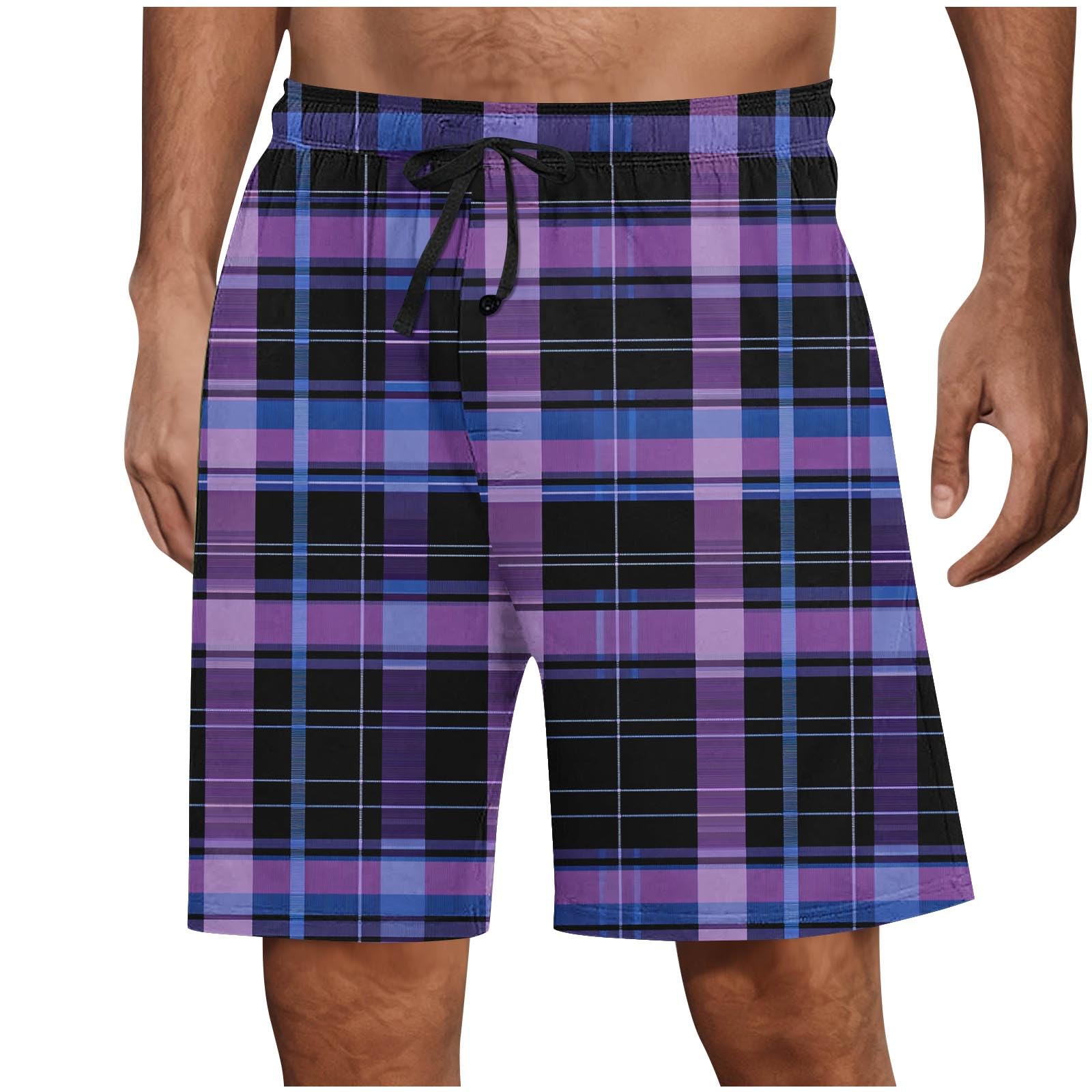 Sleep Shorts Men Soft Elastic Waist Comfy Loungewear Mens Pajama Bottoms Plaid Pjs with Pockets and Button Fly