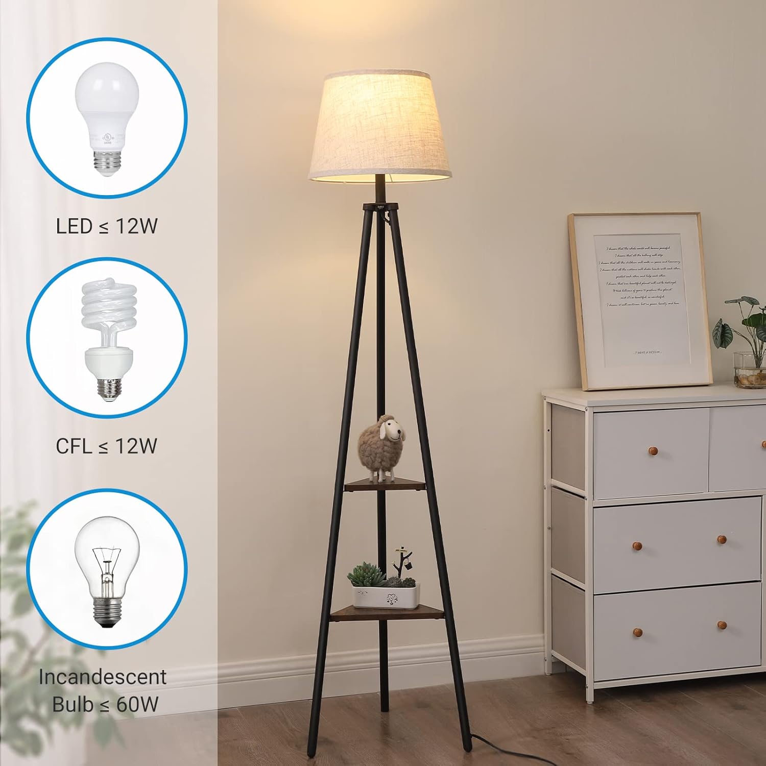 Flаѕh Dеаlѕ - 50% оƒƒ DEWENWILS Floor Lamp with Shelves, Industrial Farmhouse Tripod Standing Reading Lamp, Organizer Storage Shelf Floor Lamp for Living Room, Bedroom, Office, Fabric Linen Shade
