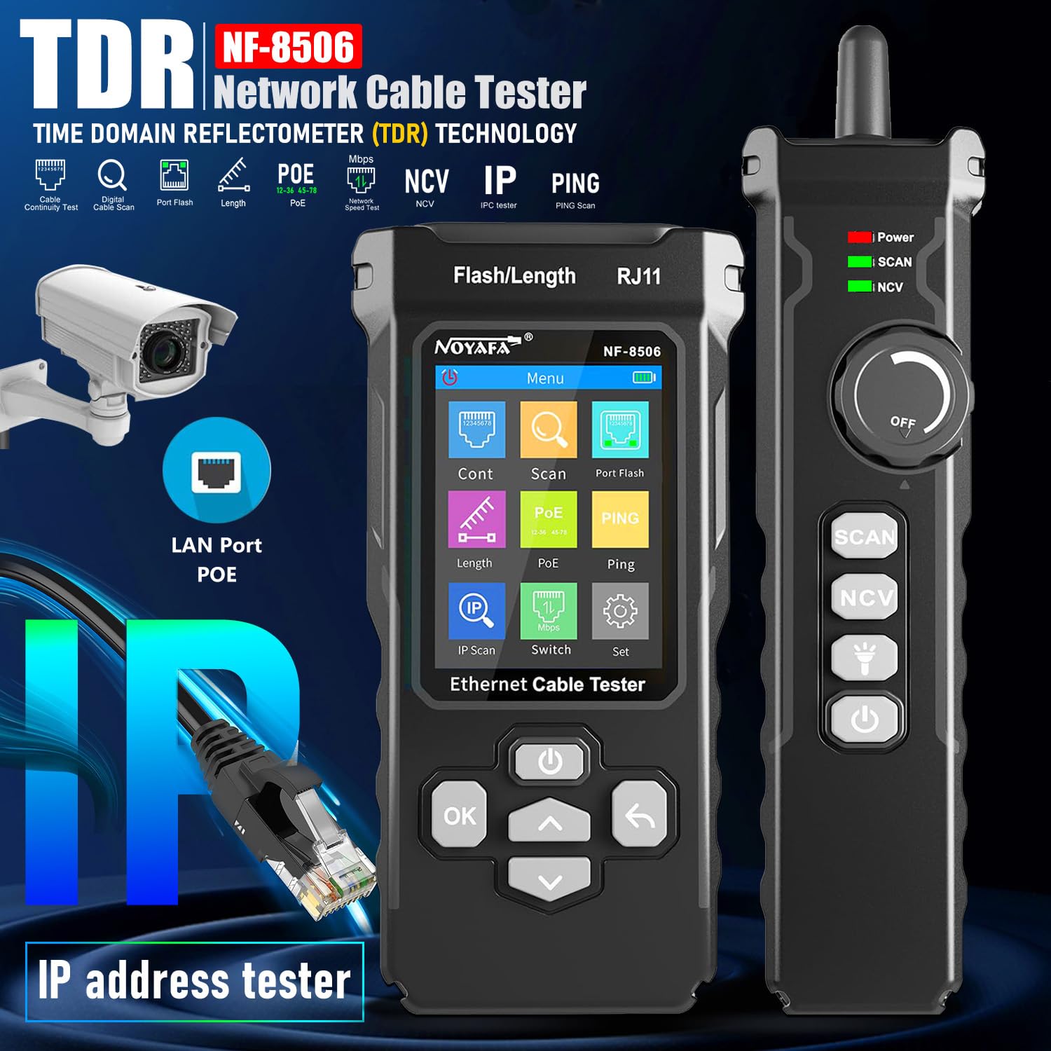 NF-8506 Netzwerkkabel-Tester mit IP-Scanner, Netzwertratentest, TDR/POE/Ping/CAT5 CAT6, Netzwerkkabel-Toner für RJ11, RJ45, LAN, Ethernet-Kabeltester, Telefonkabelfinder, professionelles