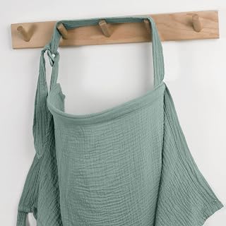Blissful Diary Muslin Nursing Cover - Breathable Breastfeeding Apron with Arch Neckline, Adjustable Straps, Roman Green