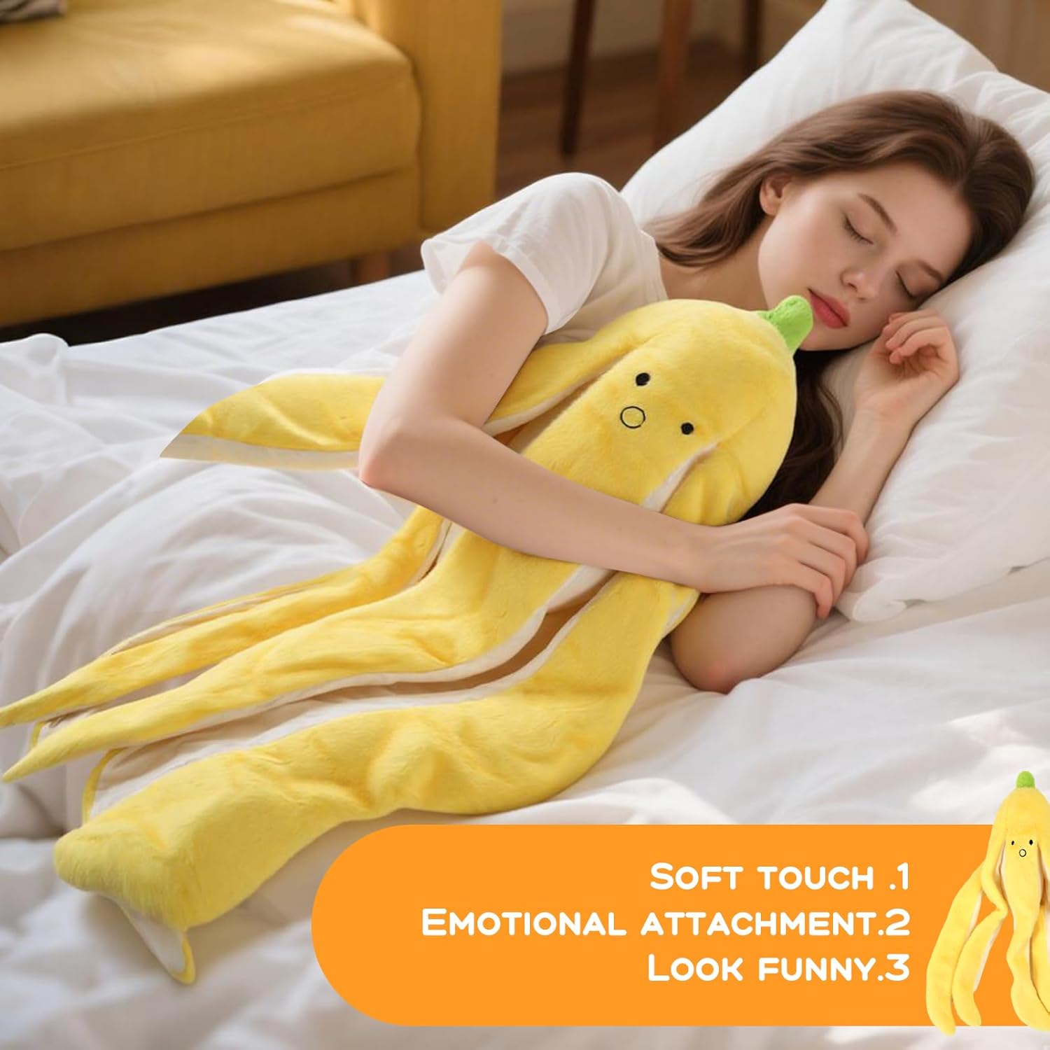 Giant Banana Squishy Plush Pillow 20 Inch –Hugging Pillow Stress, Soft Fruit Body Pillow for Bed, Banana Decor Gift for Birthday, Valentine, Christmas Plush Cute Plushie