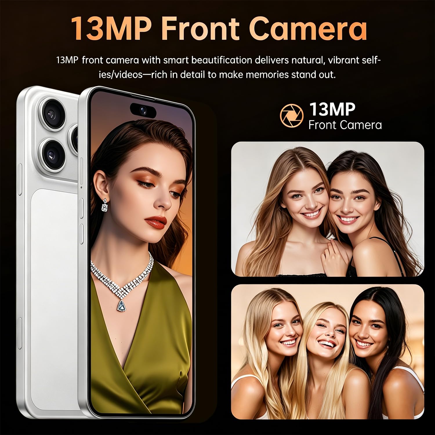 4G Dual SIM Smartphone mit 6,6 Zoll InCell HD-Bildschirm, 4GB+32GB Speicher (bis 256GB erweiterbar), 5000mAh Akku, 16MP Kamera & Face ID, Type-C & OTG Funktion (Orange)