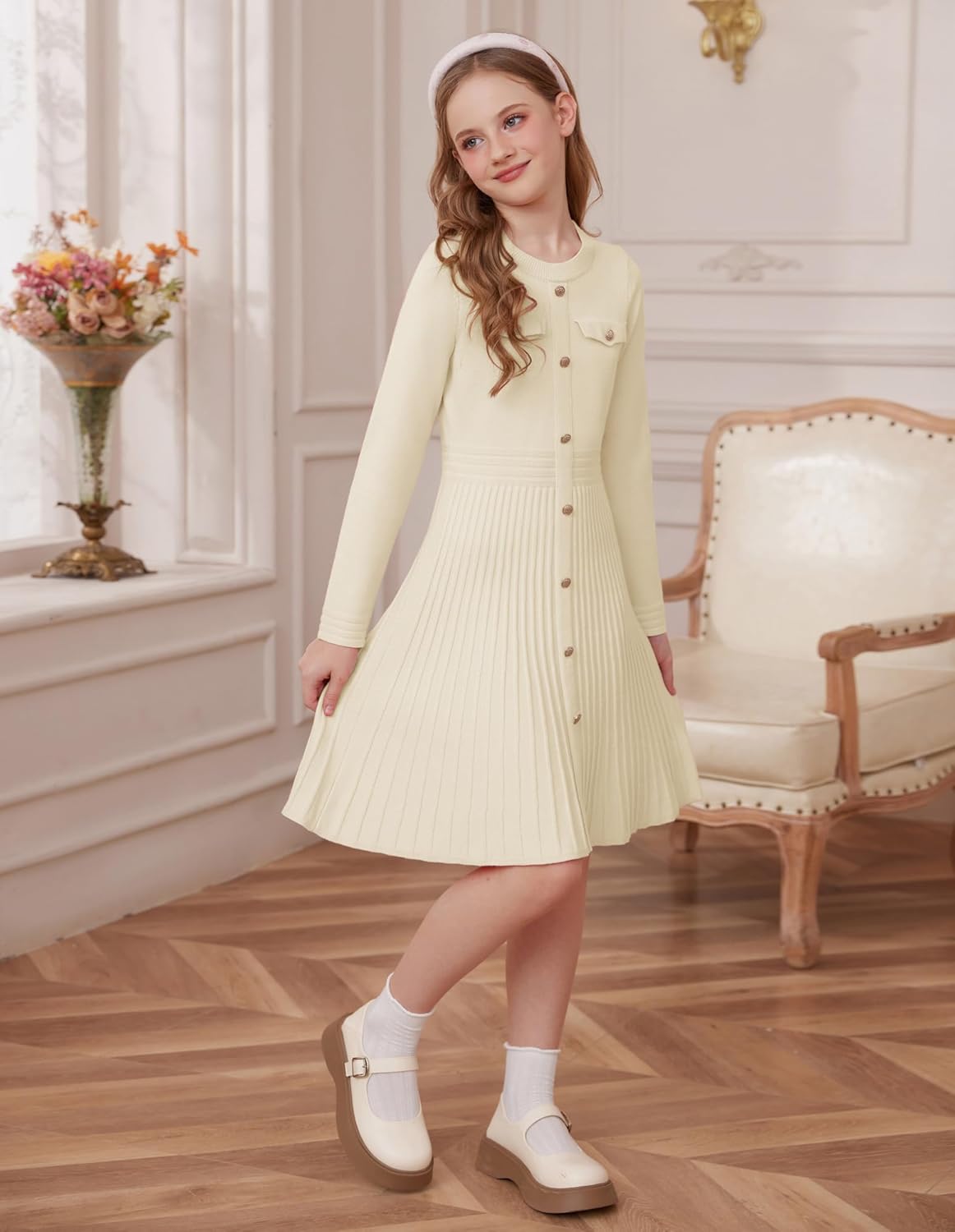 GRACE KARIN Girls Sweater Fall Dress Long Sleeve Knit Button Front Pleated A-Line Casual Winter Midi Dresses 5-14Y - Image 2