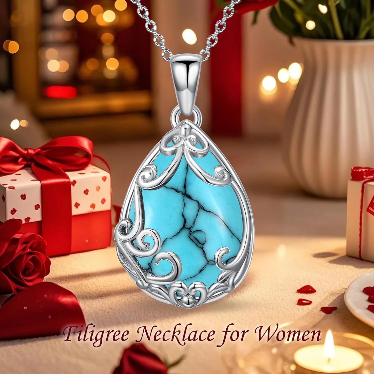 Teardrop Necklace 925 Sterling Silver Filigree Gemstone Pendant Necklace Fine Jewelry Birthday Valentine's Day Gifts for Women Her Mom - Image 6