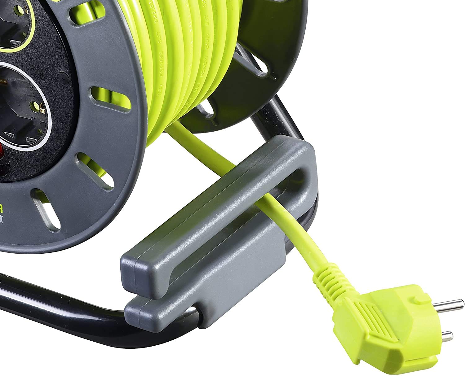 Masterplug Pro-XT Kabeltrommel Verlängerungskabel mit 4 Steckdosen, Wickelkurbel, Thermoschutz und Netzschalter, 25 Meter gut sichtbares Kabel