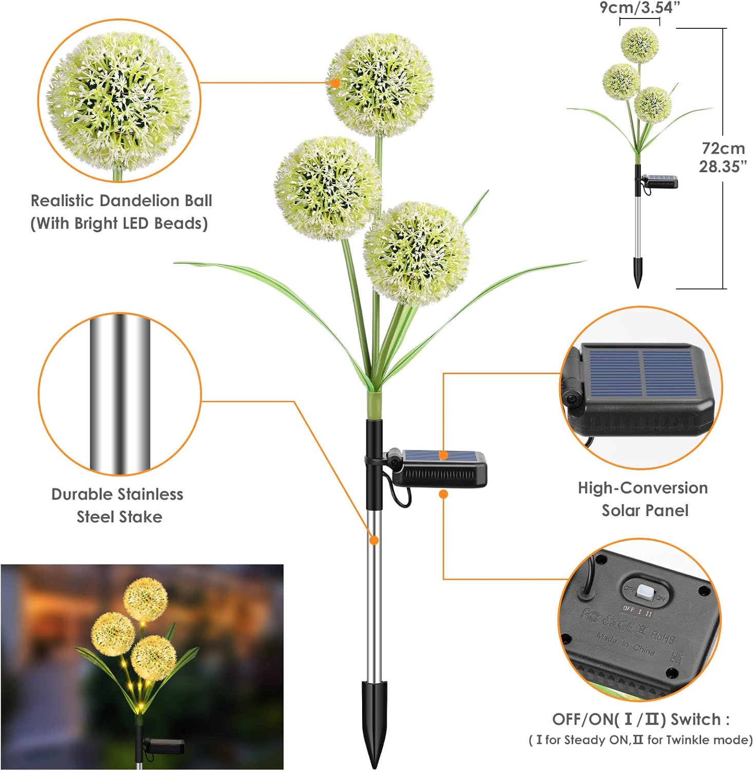 URPOWER 2 Pack 36 LED Solar Garden Lights with 2 Modes, 3-in-1 Solar Dandelion Flowers IP65 Waterproof Solar Powered Outdoor Lights for Garden, Yard Decor (Warm White)