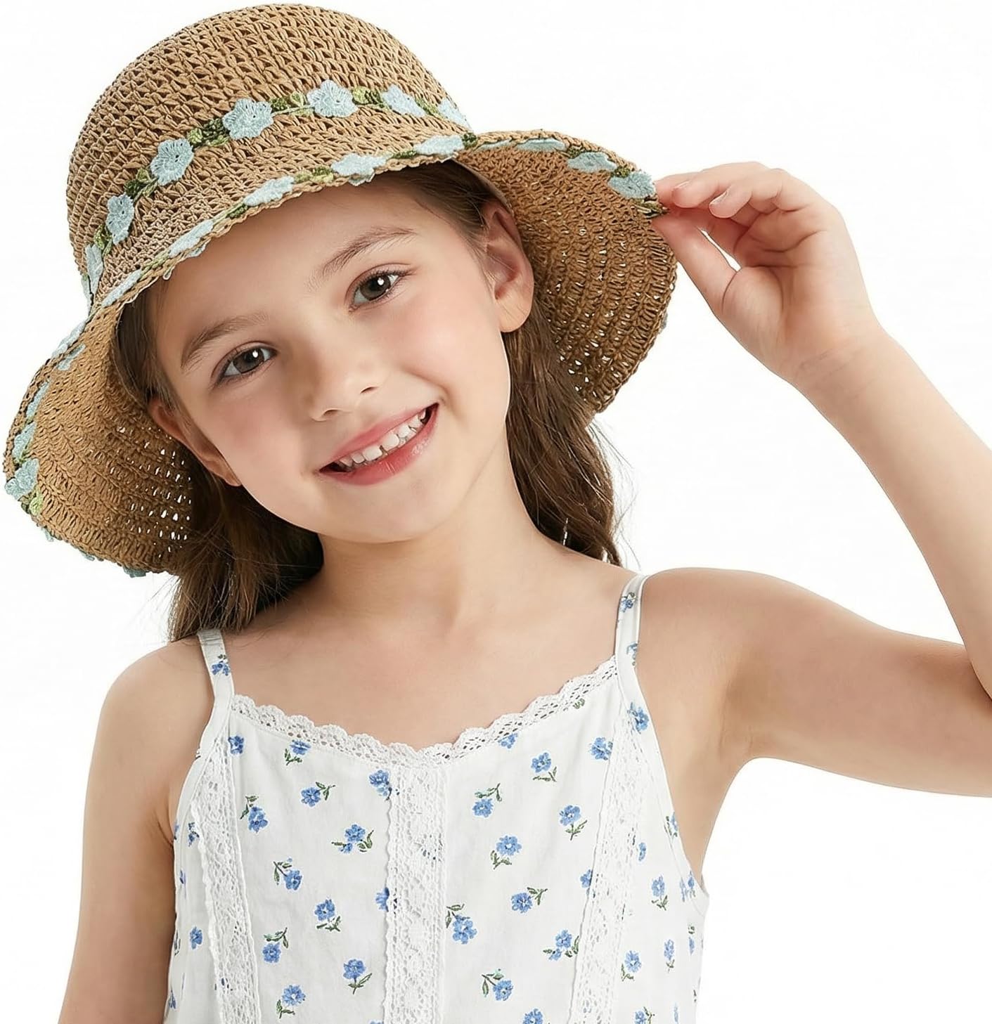 Kids Girls Straw Hat with Flower Large Brim Floppy Beach Travel Sun Visor Cute Summer Outdoor Sun Protection Cap,2-6T