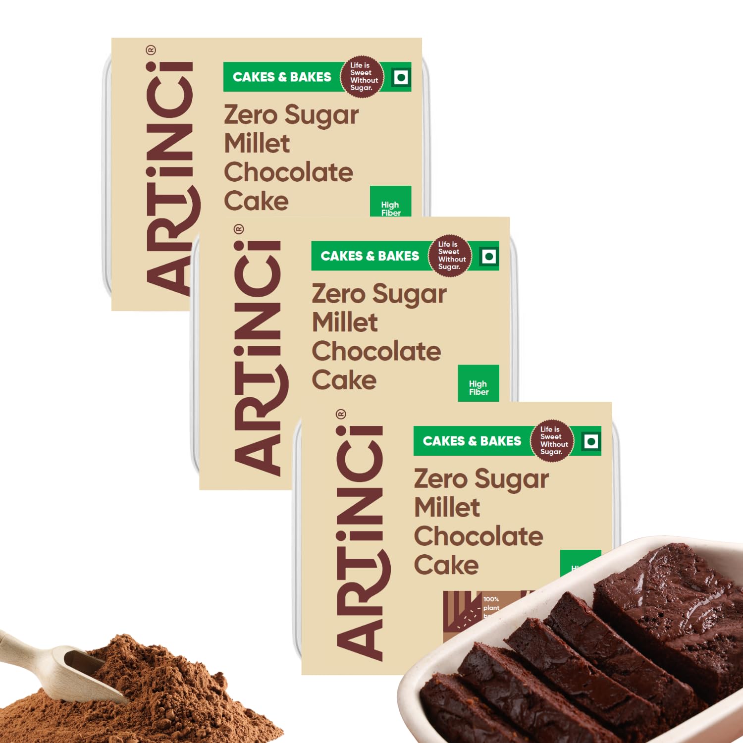 Artinci Eggless Sugar Free Chocolate Cake (150g X Pack of 3)- Diabetic Friendly & High Protein, Healthy Low-Calorie Cake with Millets, Healthy snack for Weightloss, As seen on Shark Tank India