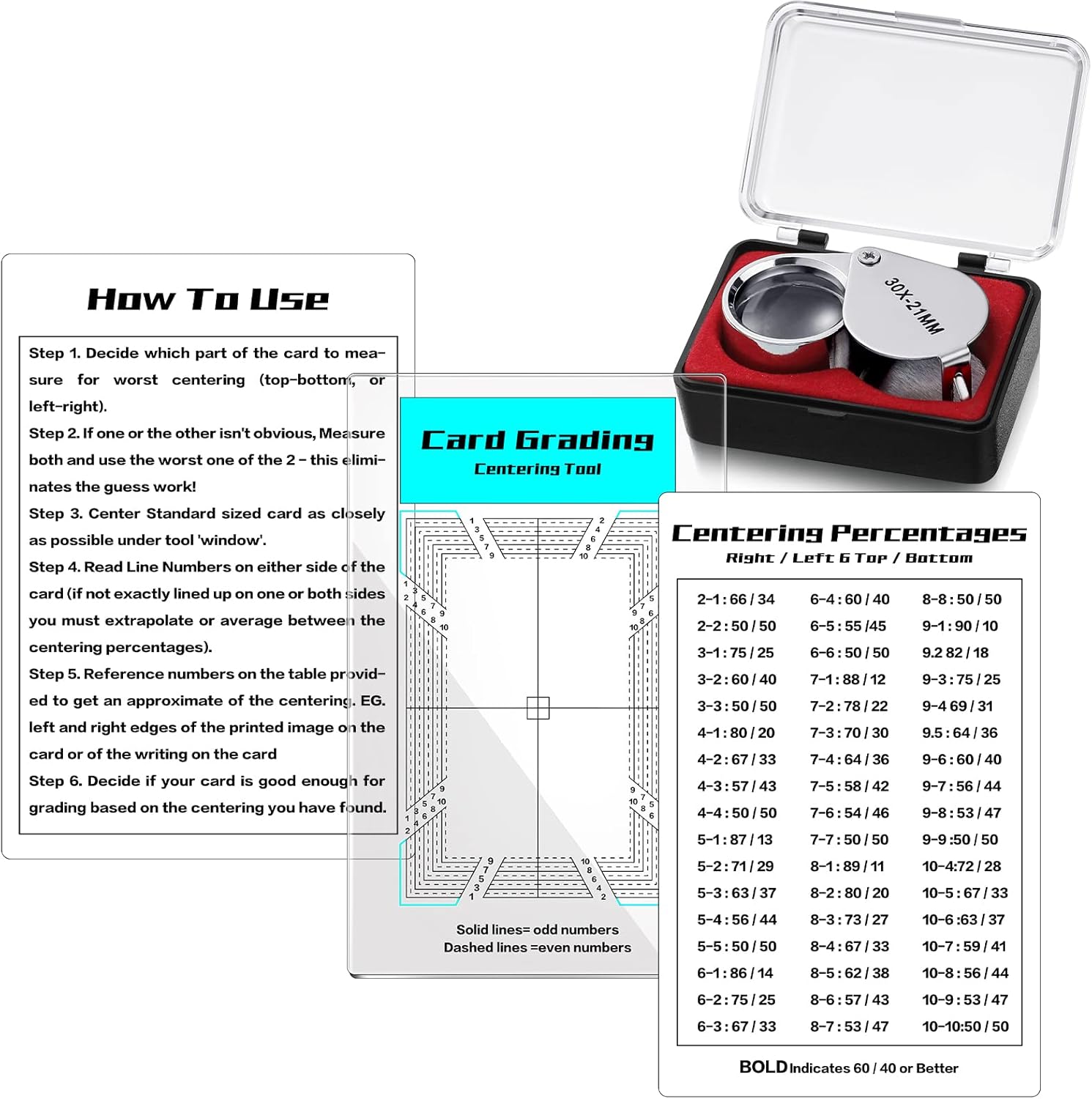 Sintuff 4 Pcs Card Grading Centering Tool Set with 30X Magnifying Tool Card