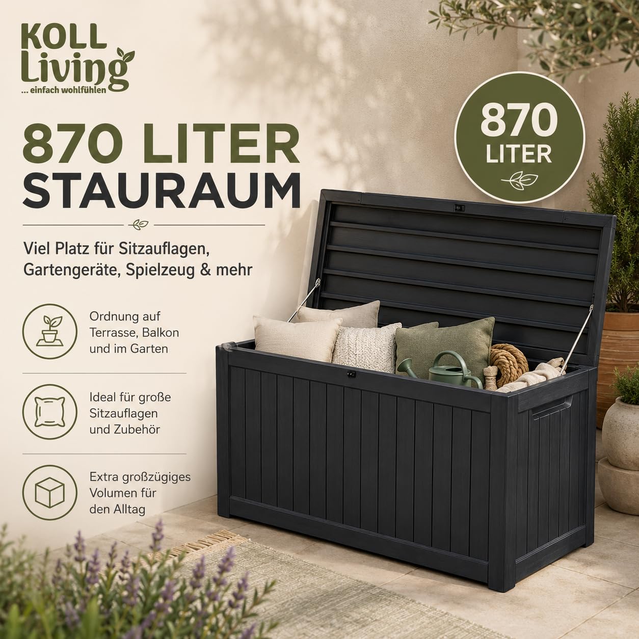 Koll Living Auflagenbox/Kissenbox Cedar 870 Liter l 100% Wasserdicht l mit Belüftung dadurch kein übler Geruch/Schimmel l Moderne Holzoptik l Deckel belastbar bis 250 KG (2 Personen) Modell 2027