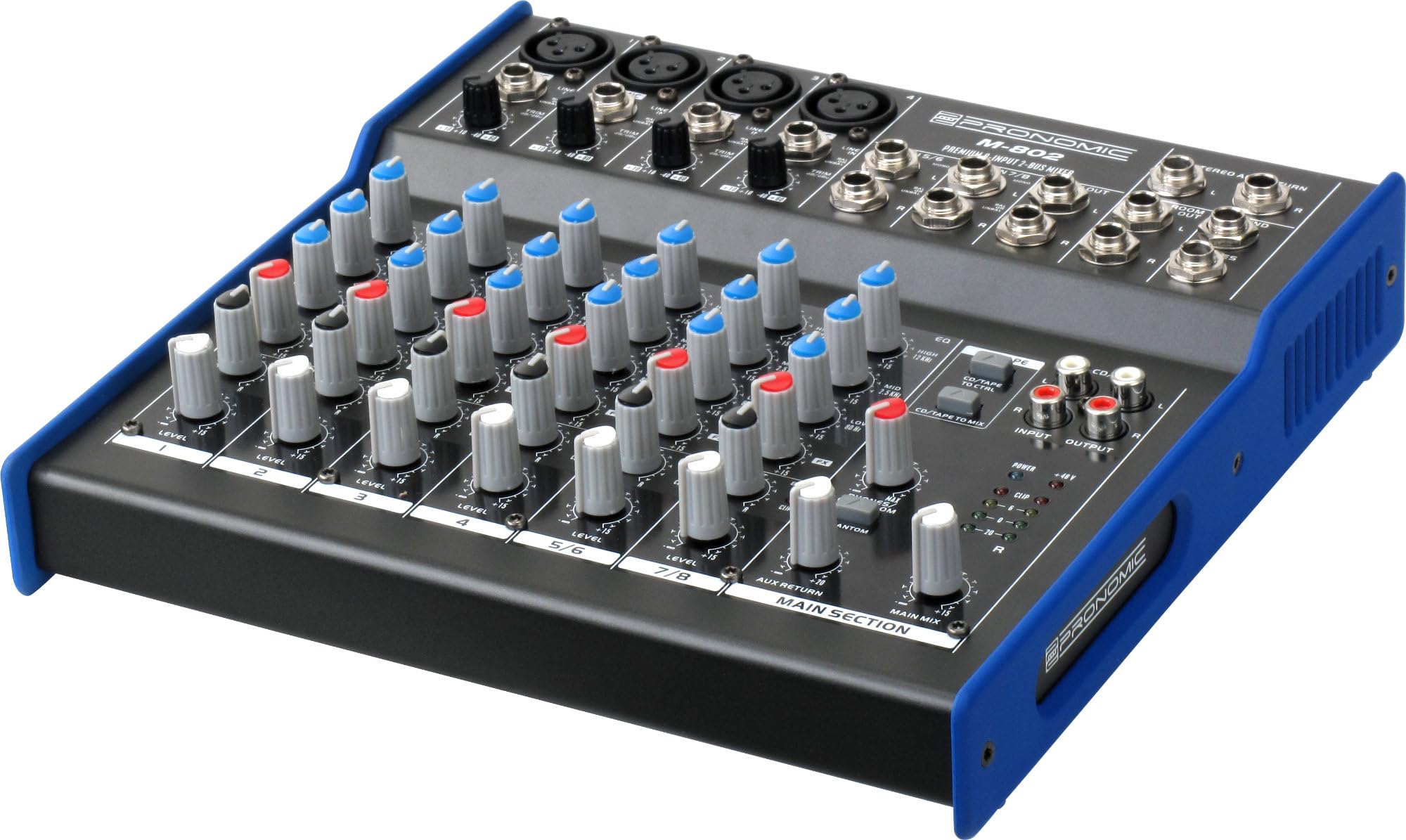 Pronomic M-802 Mesa De Mezclas, EQ de 3 bandas (Bass 80Hz/Mid 2, 3 mm jack | 4 canales mono con entrada XLR/jack (bal/unbal), 2 canales estéreo con entradas jack (bal/unbal), FX-Send (post) por canal
