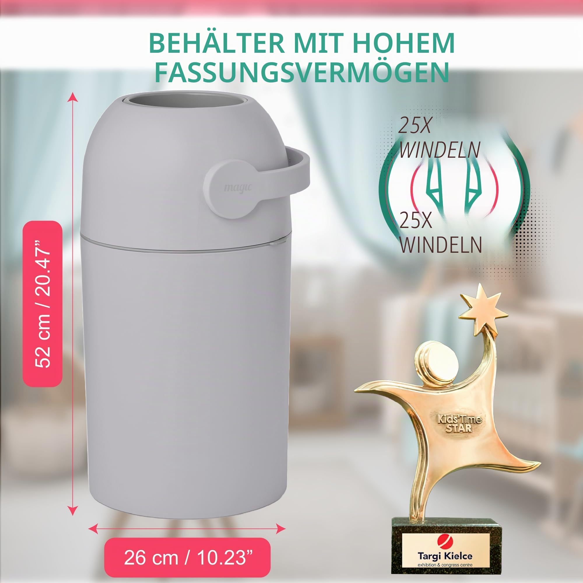 Magic Baby-Windeleimer, patentiertes Geruch-Stopp-System, verwenden Sie jeden Müllbeutel, Einhandhebel, 4 Rollen Beutel inkl. (Beton)
